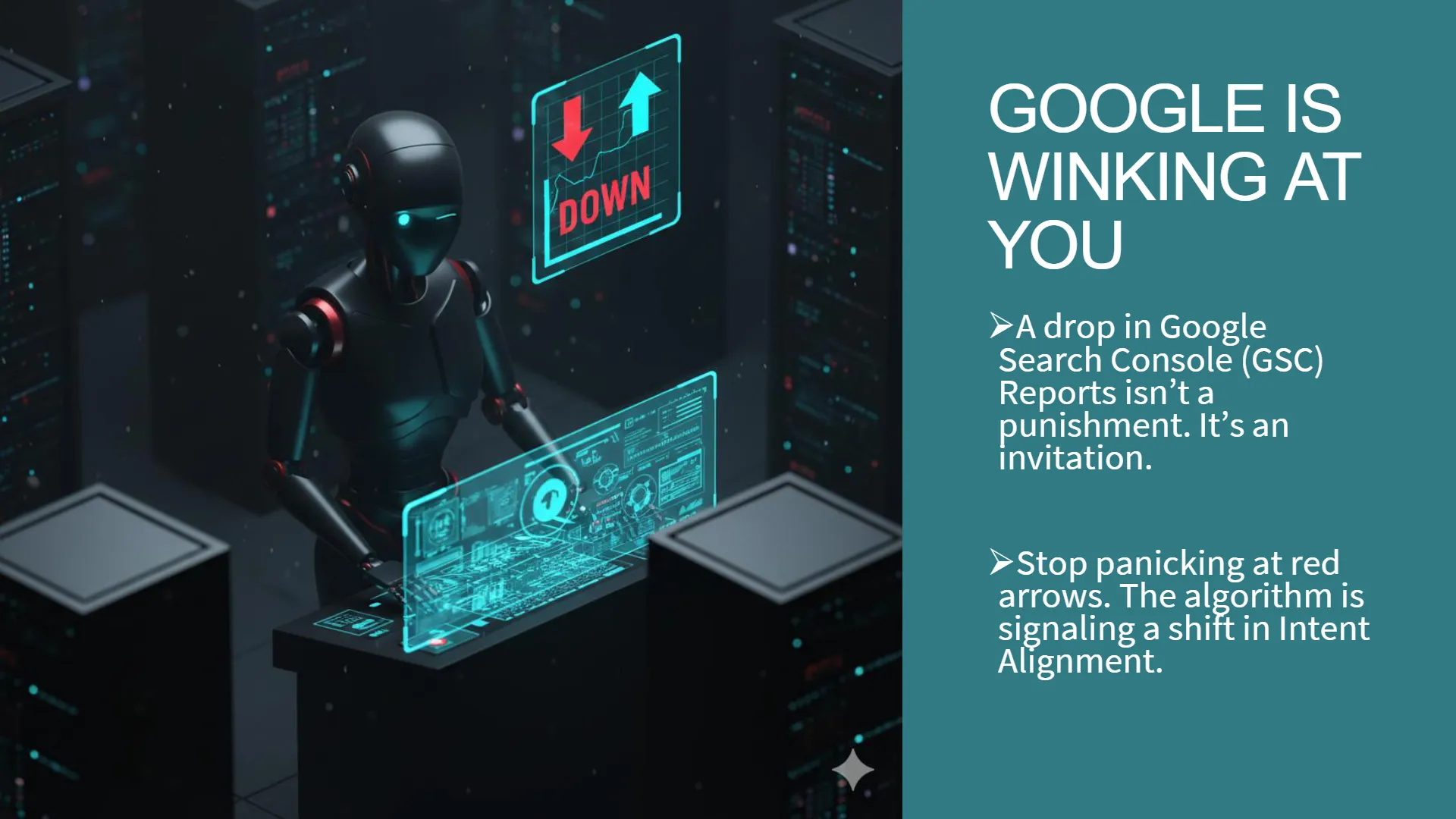 Understanding GSC ranking shifts meaning: A robot monitors data, illustrating how Google Search Console drops are not penalties but signals for intent alignment, inviting SEOs to optimize for better performance.
