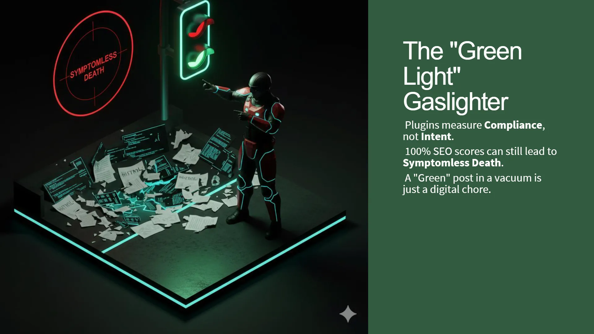 Isometric render featuring a red target reticle with "SYMPTOMLESS DEATH," a traffic light displaying a green signal with a superimposed red "X" and green checkmark, and a neon-outlined humanoid figure pointing. Below, a platform is littered with digital documents showing "HTML" code. Accompanying text: "The 'Green Light' Gaslighter. Plugins measure Compliance, not Intent. 100% SEO scores can still lead to Symptomless Death. A 'Green' post in a vacuum is just a digital chore."