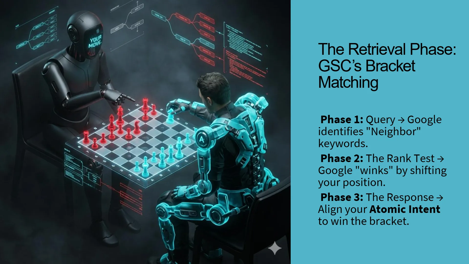 A black robot with "YOUR MOVE" on its display and a human in a glowing blue cybernetic suit play chess on a holographic board, with intricate digital data flows and charts in the background. The accompanying slide text reads: "The Retrieval Phase: GSC's Bracket Matching," followed by "Phase 1: Query -> Google identifies 'Neighbor' keywords," "Phase 2: The Rank Test -> Google 'winks' by shifting your position," and "Phase 3: The Response -> Align your Atomic Intent to win the bracket."