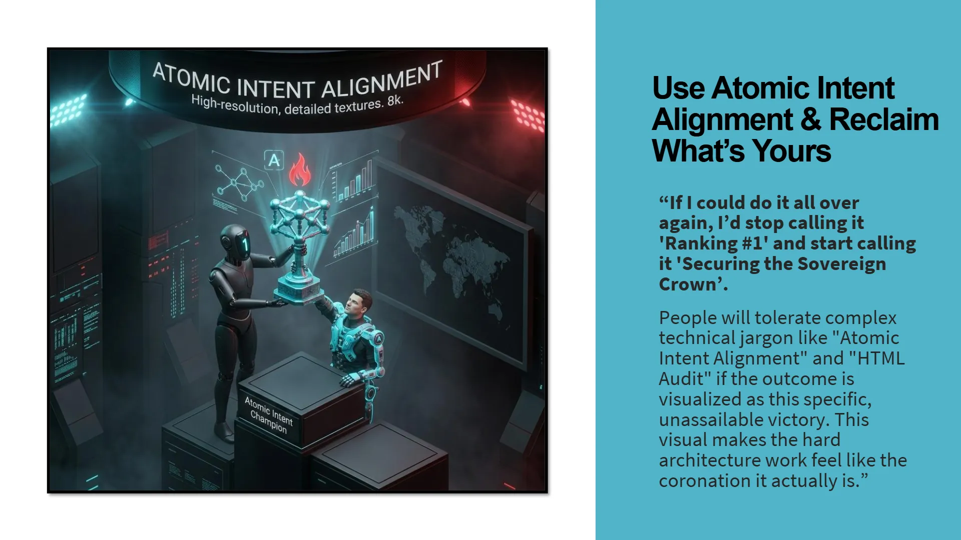 A futuristic robot presents a glowing, atomic-structured trophy with a flame to a human figure, designated "Atomic Intent Champion", on a pedestal. The backdrop features a large screen displaying "ATOMIC INTENT ALIGNMENT" and "High-resolution, detailed textures. 8k.", flanked by holographic data visualizations, charts, and a world map, symbolizing a data-driven victory.