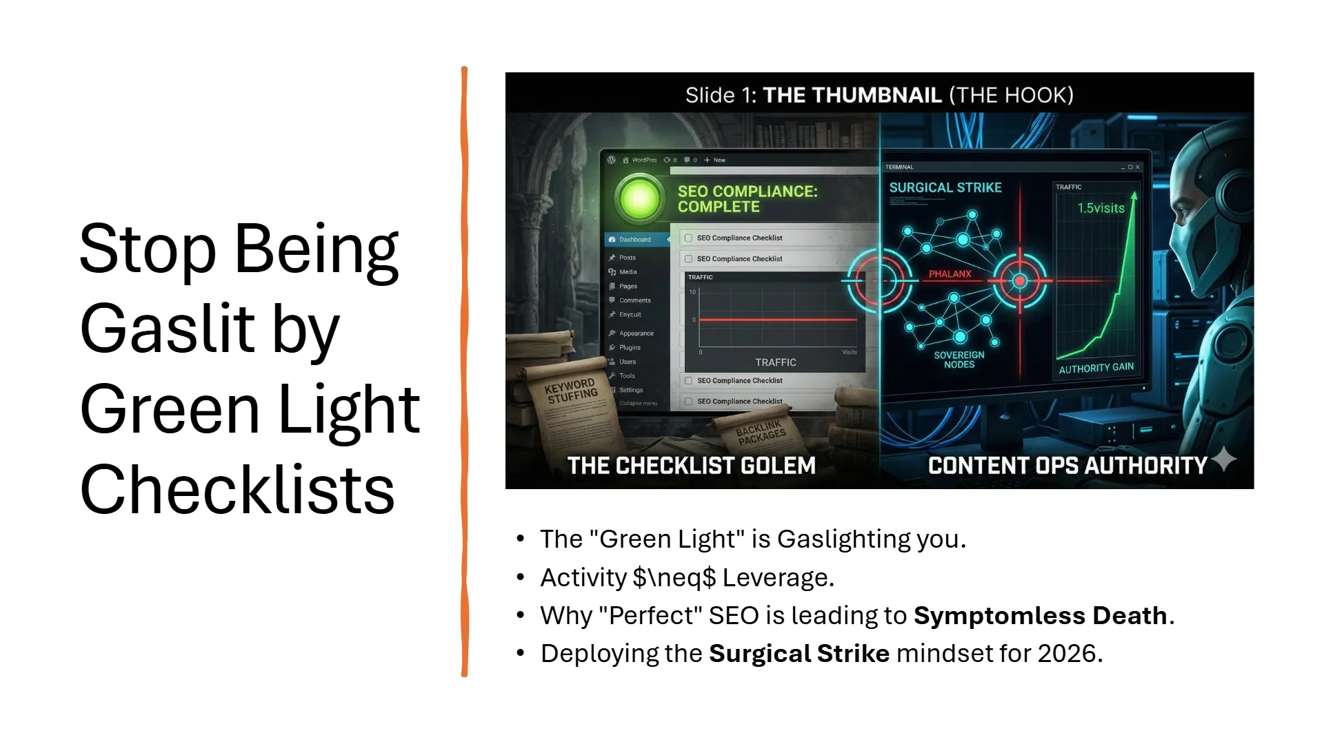 This image illustrates "The Mission Brief Protocol," a surgical solution that explains why yoast semrush seo checklist fail, advocating for active execution and AI calibration to generate precise, authoritative content. It emphasizes moving beyond passive checklist adherence to achieve true information gain and semantic resonance.