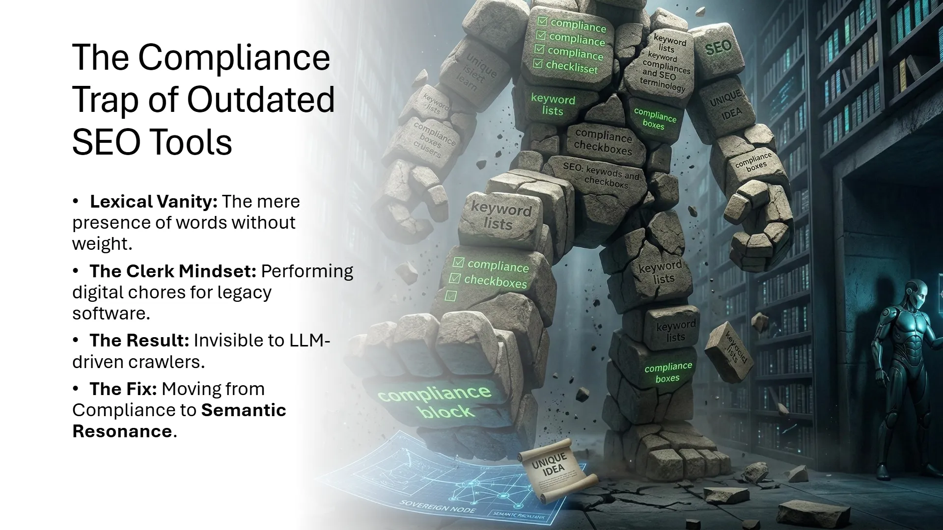 Slide titled 'The Compliance Trap of Outdated SEO Tools' with four bullet points: 'Lexical Vanity', 'The Clerk Mindset', 'The Result: Invisible to LLM-driven crawlers', and 'The Fix: Moving from Compliance to Semantic Resonance'. Visually, a large, crumbling golem figure made of stone blocks, each labeled with terms like 'keyword lists', 'compliance checkboxes', 'SEO', 'unique idea', and 'compliance' (some with green checkmarks), symbolizing outdated SEO practices. Blocks are falling from the golem, indicating decay. In the foreground, a glowing blueprint labeled 'SOVEREIGN NODE' and 'SEMANTIC RICHTANK' is accompanied by a scroll reading 'UNIQUE IDEA', representing new, advanced strategies. In the background, a humanoid robot observes a glowing screen within a dark library filled with bookshelves, signifying the shift towards intelligent, modern on-page SEO fixes.