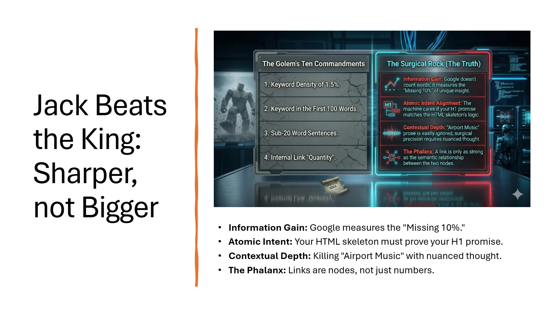 Slide titled 'Jack Beats the King: Sharper, not Bigger' contrasts outdated SEO tactics ('The Golem's Ten Commandments') with modern, effective strategies ('The Surgical Rock - The Truth'). The Golem's list includes: Keyword Density 1.5%, Keyword in First 100 Words, Sub-20 Word Sentences, Internal Link 'Quantity'. The Surgical Rock's principles, also reiterated in bullet points, are: Information Gain (Google measures 'Missing 10%' unique insight), Atomic Intent Alignment (H1 promise matches HTML skeleton logic), Contextual Depth (nuanced thought over 'Airport Music' prose), and The Phalanx (links as semantic relationships, not just numbers).