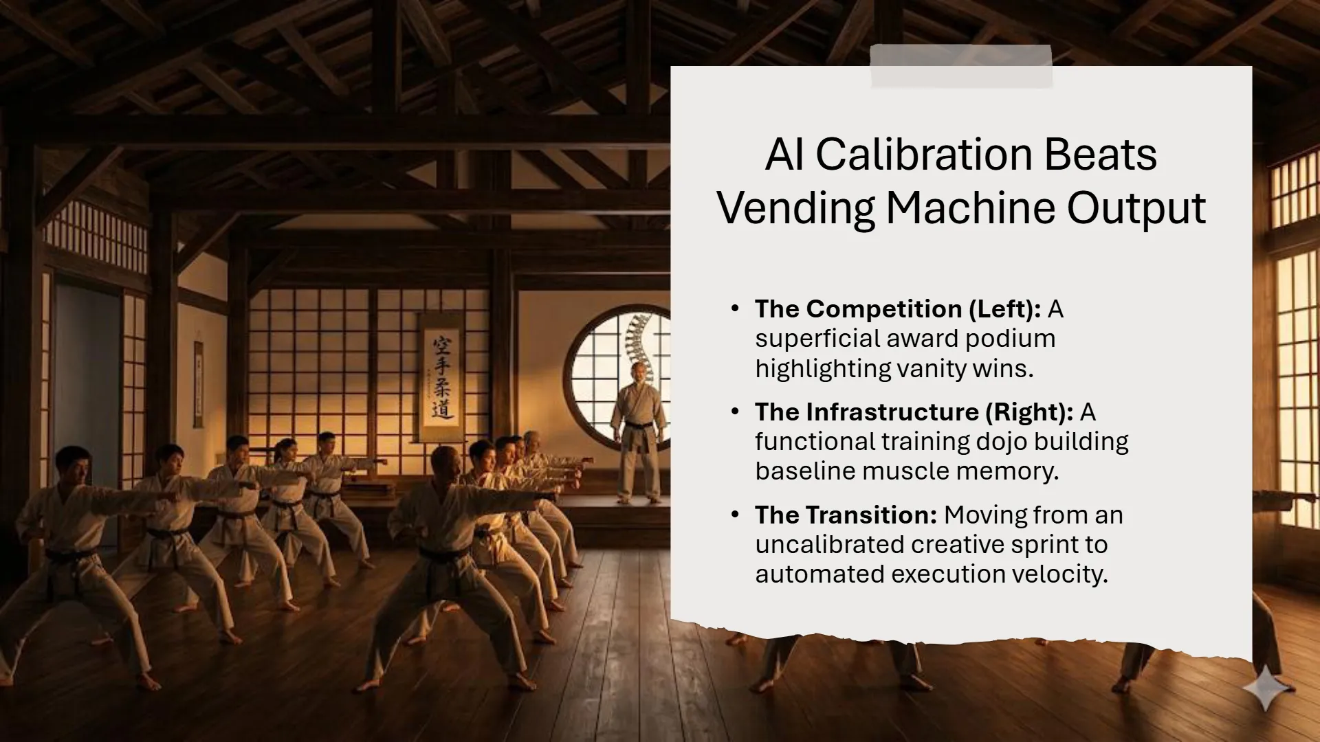 Slide titled 'AI Calibration Beats Vending Machine Output' featuring a traditional Japanese dojo with a sensei observing several students in white karate gis performing a synchronized punch. The accompanying text bullet points define 'The Competition (Left): A superficial award podium highlighting vanity wins,' 'The Infrastructure (Right): A functional training dojo building baseline muscle memory,' and 'The Transition: Moving from an uncalibrated creative sprint to automated execution velocity,' emphasizing the foundational training aspect of AI calibration for content writing.