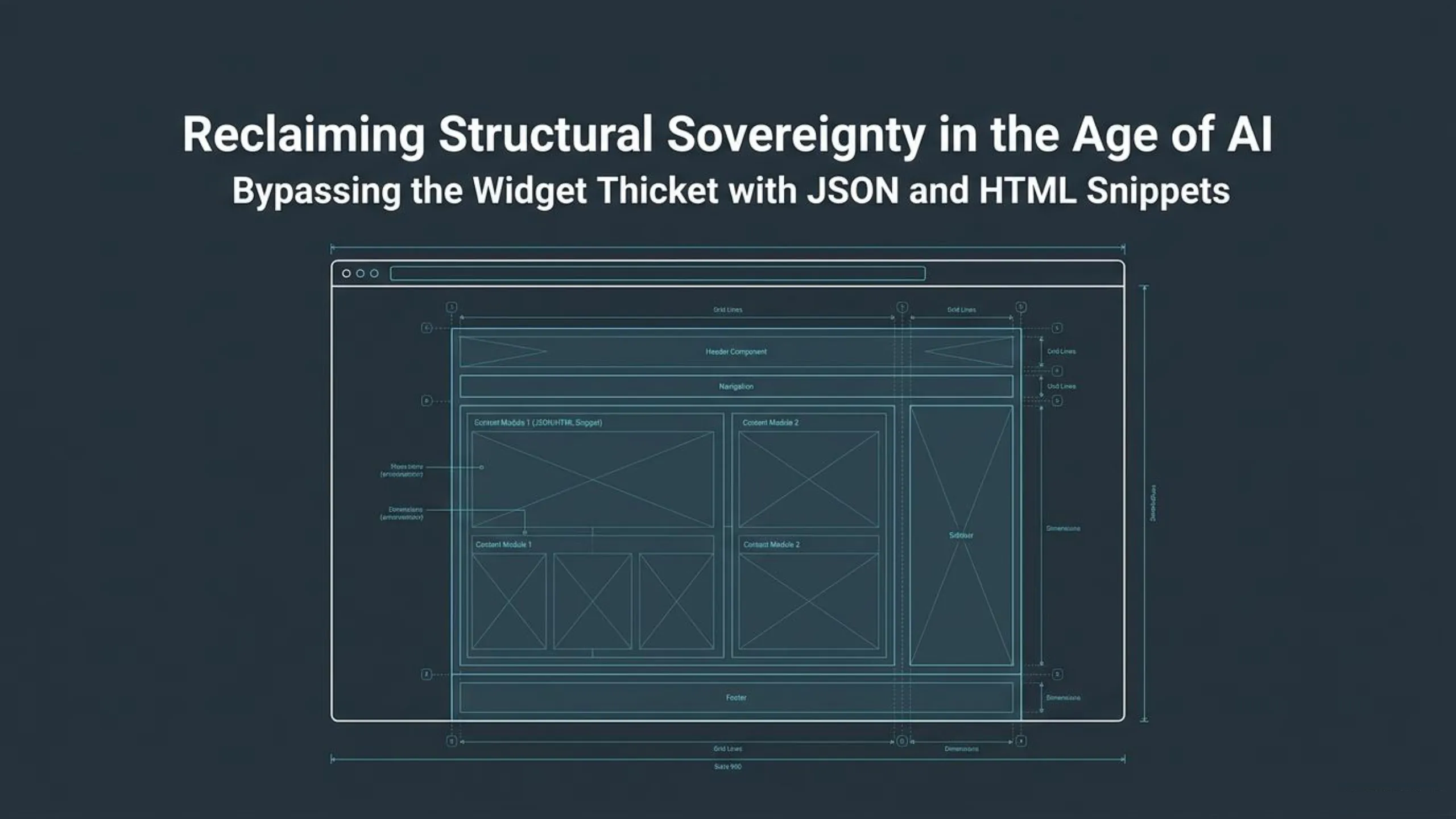 "Wireframe diagram of a modular webpage layout, depicting a header, navigation, two primary content modules (one labeled 'Content Module 1 (JSON/HTML Snippet)'), a sidebar, and a footer, all organized with grid lines and dimension measurements. The slide title prominently states: 'Reclaiming Structural Sovereignty in the Age of AI Bypassing the Widget Thicket with JSON and HTML Snippets'."