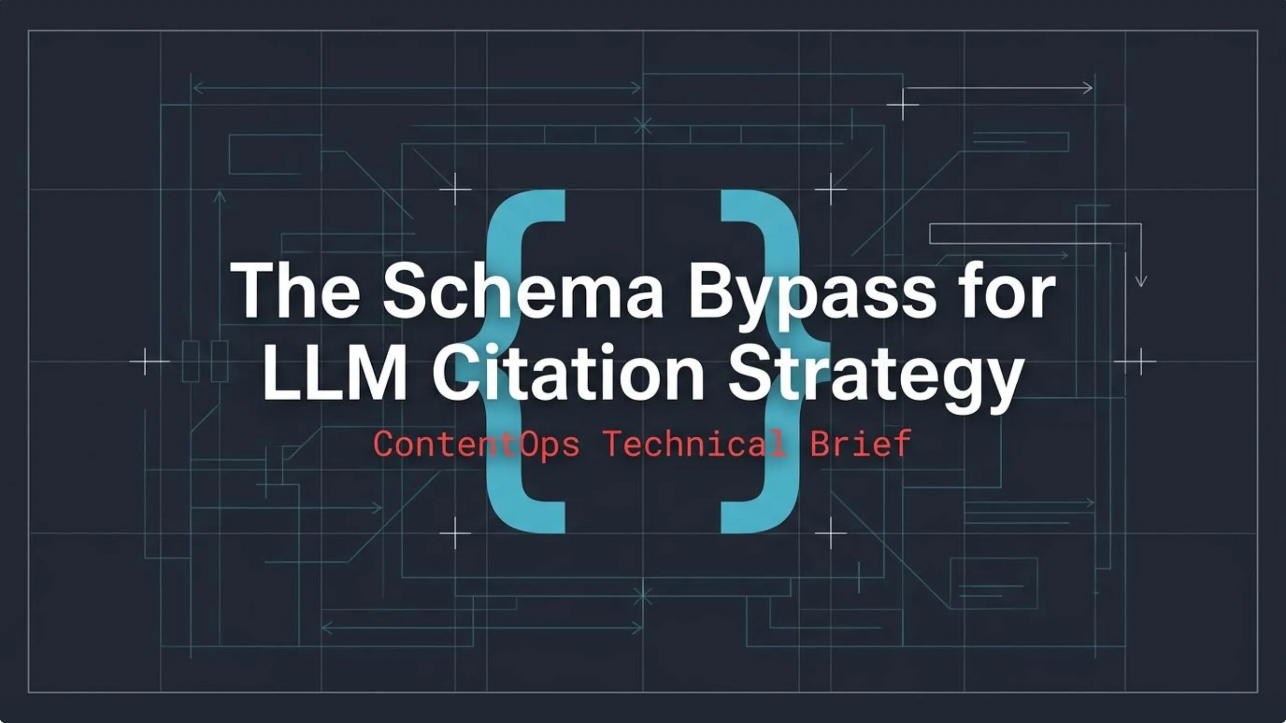 Title slide: 'The Schema Bypass for LLM Citation Strategy' in white text, visually framed by large blue curly braces, against a dark blueprint-style background with schematic lines. A red subtitle reads 'ContentOps Technical Brief'.