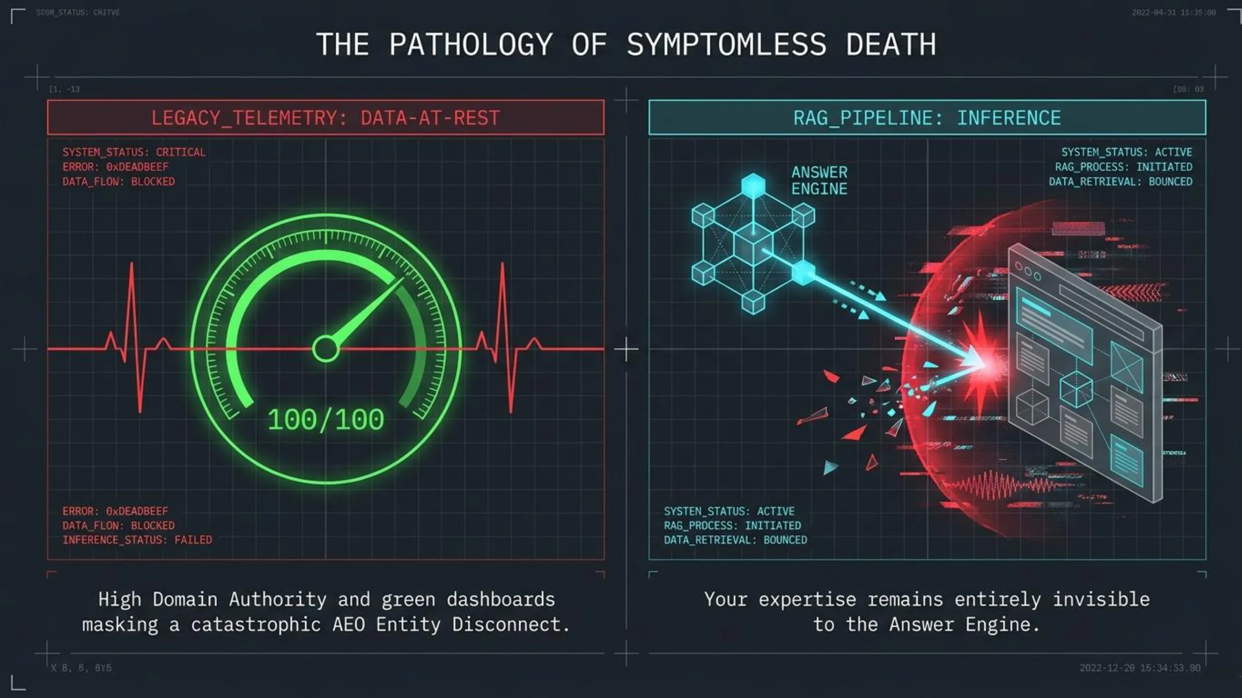 Left: Green 100/100 gauge, critical legacy data. Right: Answer Engine beam shatters browser, data bounced. Highlights AEO ent