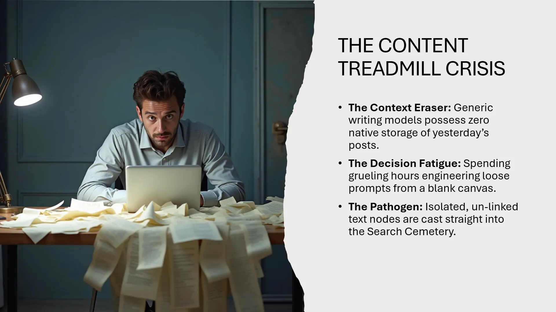 A stressed man sits at a desk buried under crumpled papers, working on a laptop, illuminated by a desk lamp. The accompanying text, titled 'THE CONTENT TREADMILL CRISIS', lists three challenges: 'The Context Eraser' (generic AI models lack native post storage), 'The Decision Fatigue' (grueling hours engineering prompts from a blank canvas), and 'The Pathogen' (isolated, un-linked text nodes cast into the Search Cemetery).