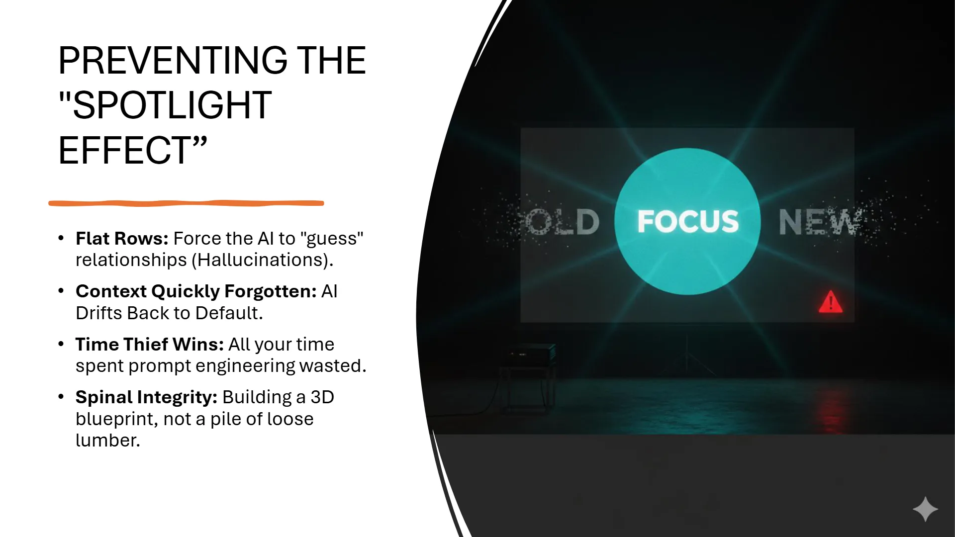 Didactic Alt-Text: Presentation slide outlining the paradigm shift from static, project-based content calendars to a dynamic, living content operations brain.