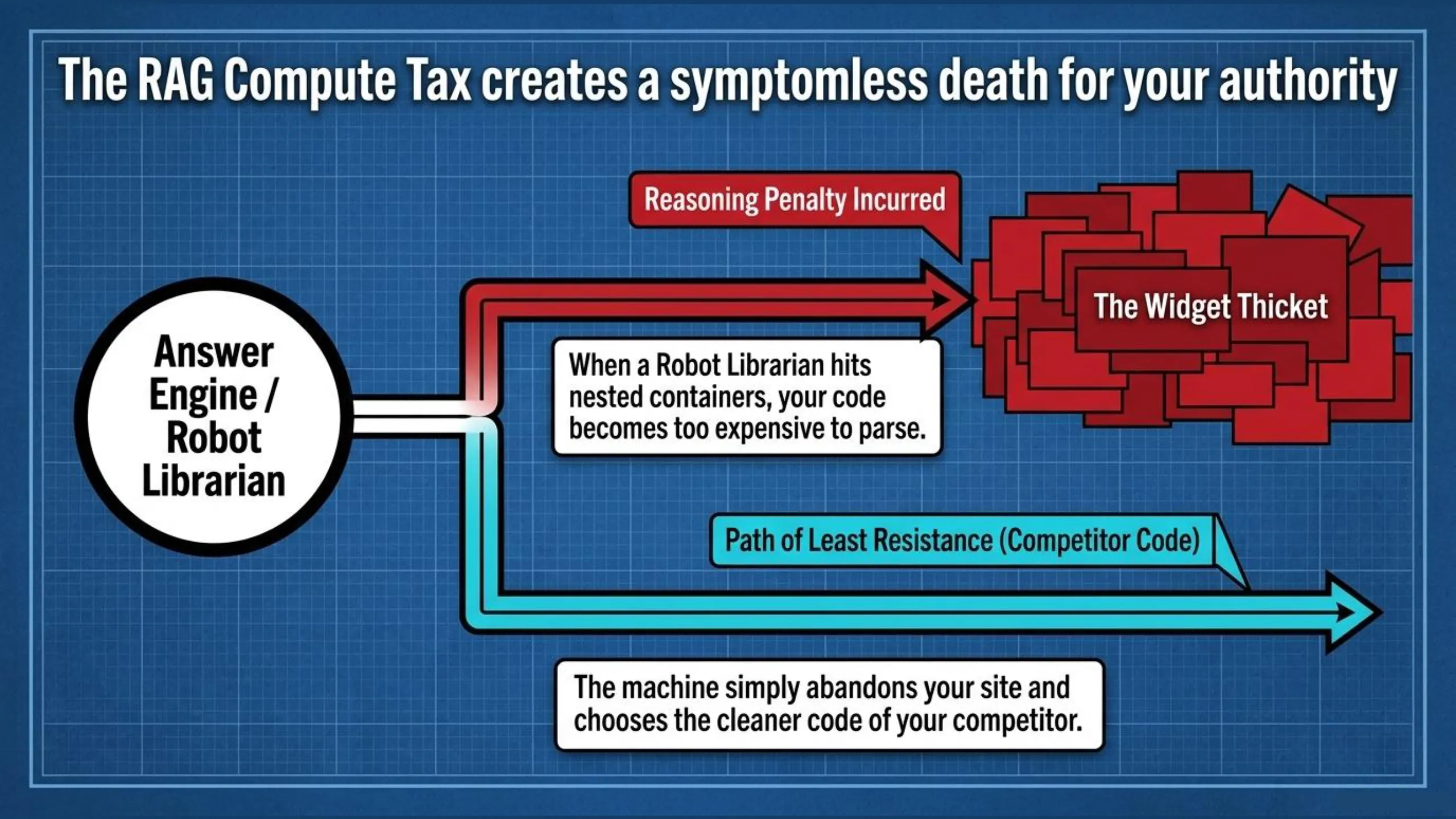 Flowchart titled 'The RAG Compute Tax creates a symptomless death for your authority'. An 'Answer Engine / Robot Librarian' node branches into two paths. The upper red path indicates 'Reasoning Penalty Incurred' when 'Robot Librarian hits nested containers, your code becomes too expensive to parse', leading to 'The Widget Thicket' (a dense cluster of red rectangles). The lower blue path represents the 'Path of Least Resistance (Competitor Code)' where 'The machine simply abandons your site and chooses the cleaner code of your competitor', illustrating the impact of code complexity for AI JSON HTML non-coders.