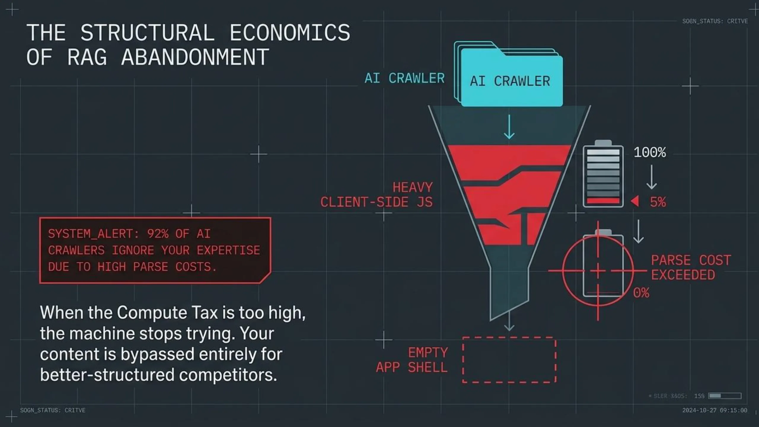 Funnel diagram: AI crawlers fail to process heavy client-side JS due to high parse costs, leading to empty app shells.
