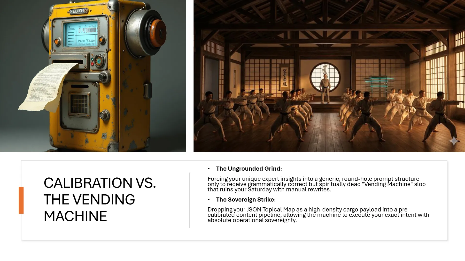 A split image comparing AI content generation: on the left, a vintage yellow vending machine dispenses a generic paper receipt, its screen displaying 'Master Mindset', symbolizing uncalibrated, 'Vending Machine' content. On the right, a dojo full of students in white gis perform synchronized martial arts, representing the disciplined training and precision of AI calibration. The slide explicitly contrasts 'CALIBRATION VS. THE VENDING MACHINE', detailing 'The Ungrounded Grind' of forcing expert insights into generic prompts versus 'The Sovereign Strike' of using a JSON Topical Map for pre-calibrated content pipelines to achieve operational sovereignty.