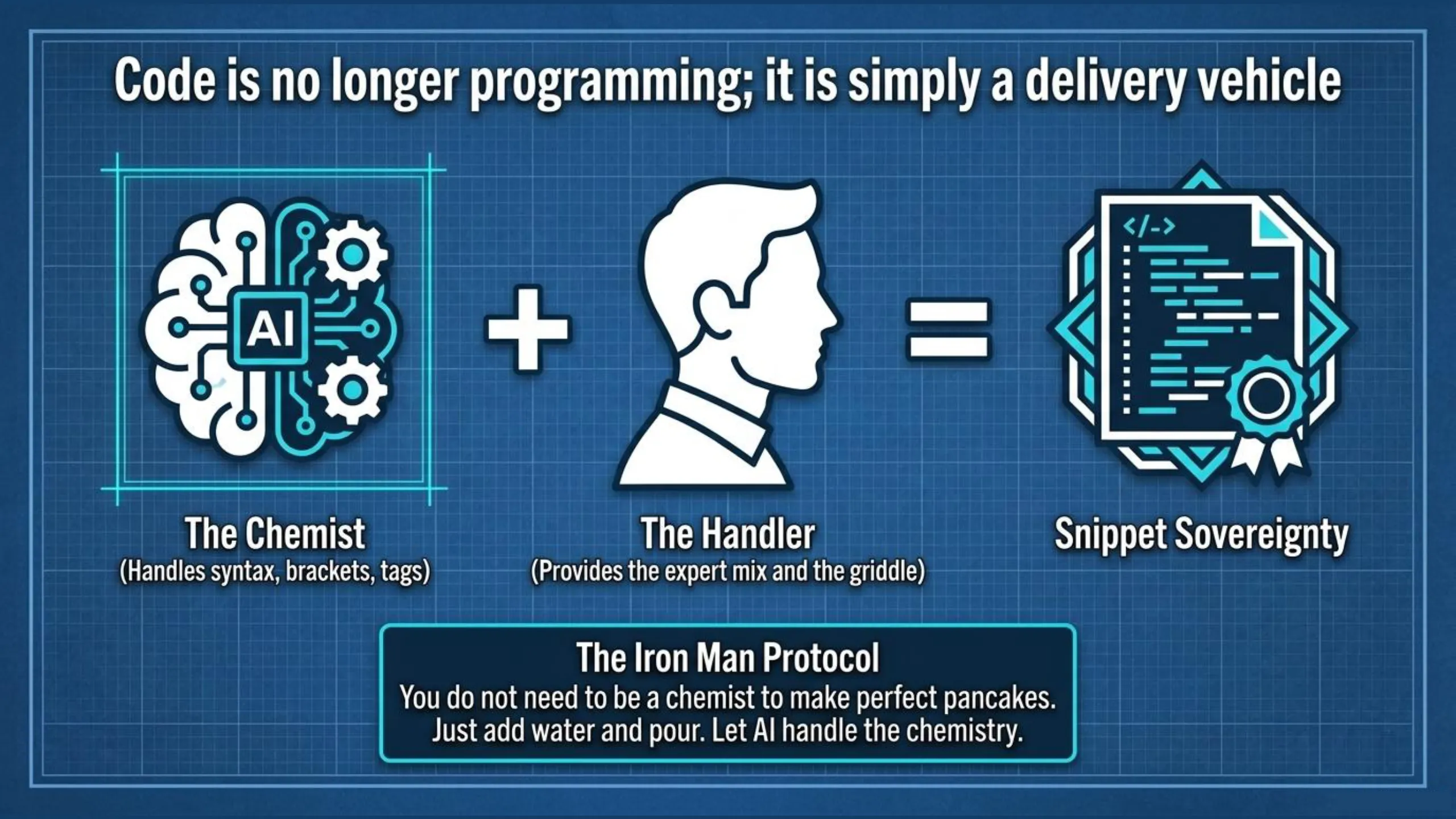 Slide titled 'Code is no longer programming; it is simply a delivery vehicle'. A visual equation shows: AI brain icon labeled 'The Chemist (Handles syntax, brackets, tags)' plus a human silhouette labeled 'The Handler (Provides the expert mix and the griddle)' equals a code document icon labeled 'Snippet Sovereignty'. A concluding box, 'The Iron Man Protocol', states: 'You do not need to be a chemist to make perfect pancakes. Just add water and pour. Let AI handle the chemistry.'