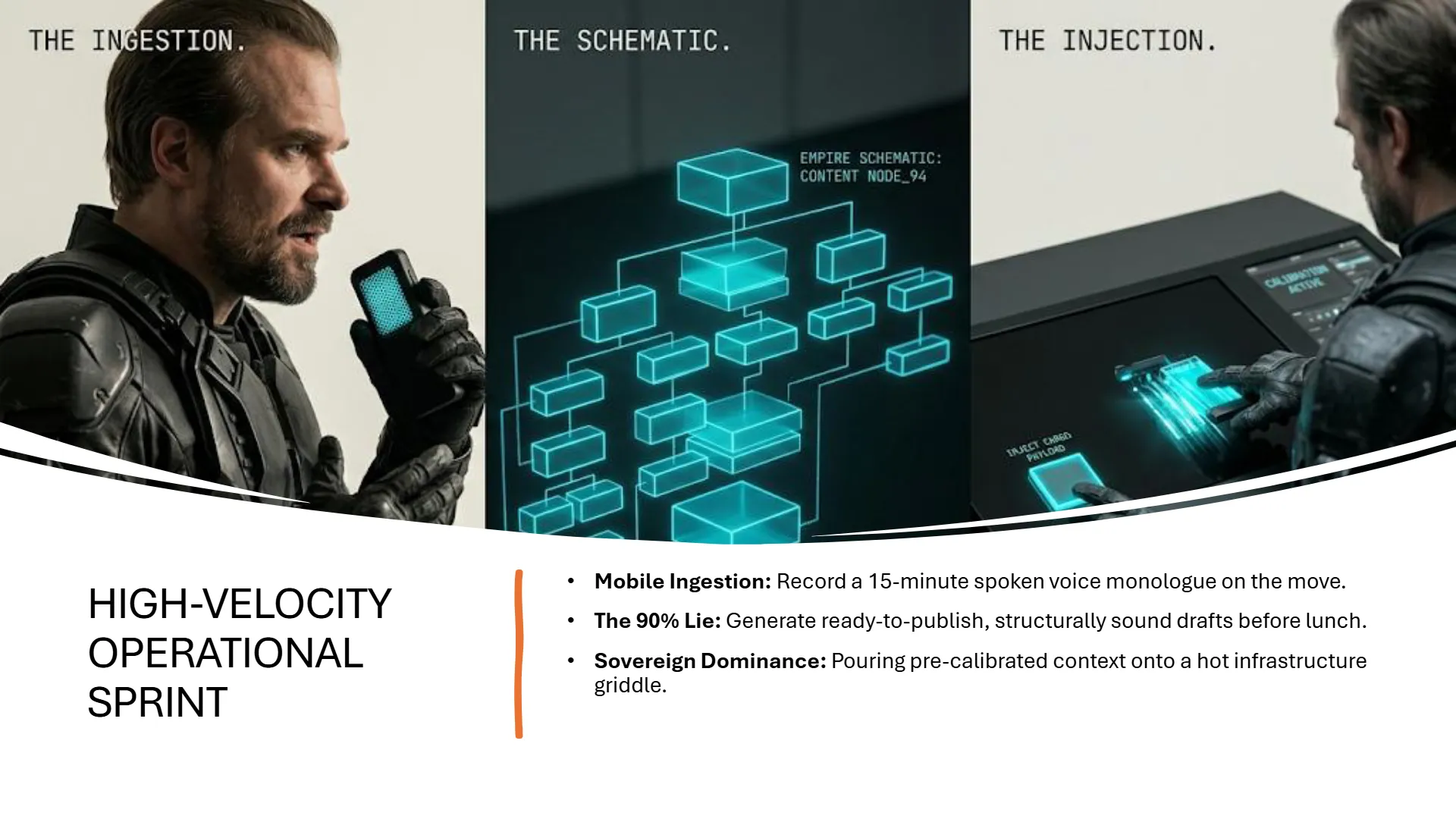 Three panels illustrate a high-velocity operational sprint for AI content calibration. The first panel, 'THE INGESTION,' shows a man speaking into a glowing blue device, representing mobile ingestion of a 15-minute voice monologue. The middle panel, 'THE SCHEMATIC,' displays a glowing blue hierarchical diagram labeled 'EMPIRE SCHEMATIC: CONTENT NODE_94,' symbolizing the generation of ready-to-publish, structurally sound drafts ('The 90% Lie'). The third panel, 'THE INJECTION,' depicts a man interacting with a futuristic control panel, pressing glowing blue buttons with 'CALIBRATION ACTIVE' and 'INJECT CARGO PAYLOAD' visible, signifying sovereign dominance by pouring pre-calibrated context onto infrastructure.