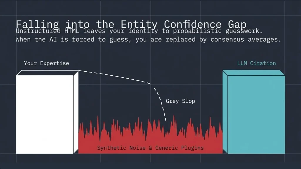 Diagram titled 'Falling into the Entity Confidence Gap' illustrating how 'Your Expertise' (white bar) degrades into 'Grey Slop' within 'Synthetic Noise & Generic Plugins' (red fluctuating area) before reaching 'LLM Citation' (blue bar). A dashed line visually represents this loss of fidelity. Overarching text explains: 'Unstructured HTML leaves your identity to probabilistic guesswork. When the AI is forced to guess, you are replaced by consensus averages.'
