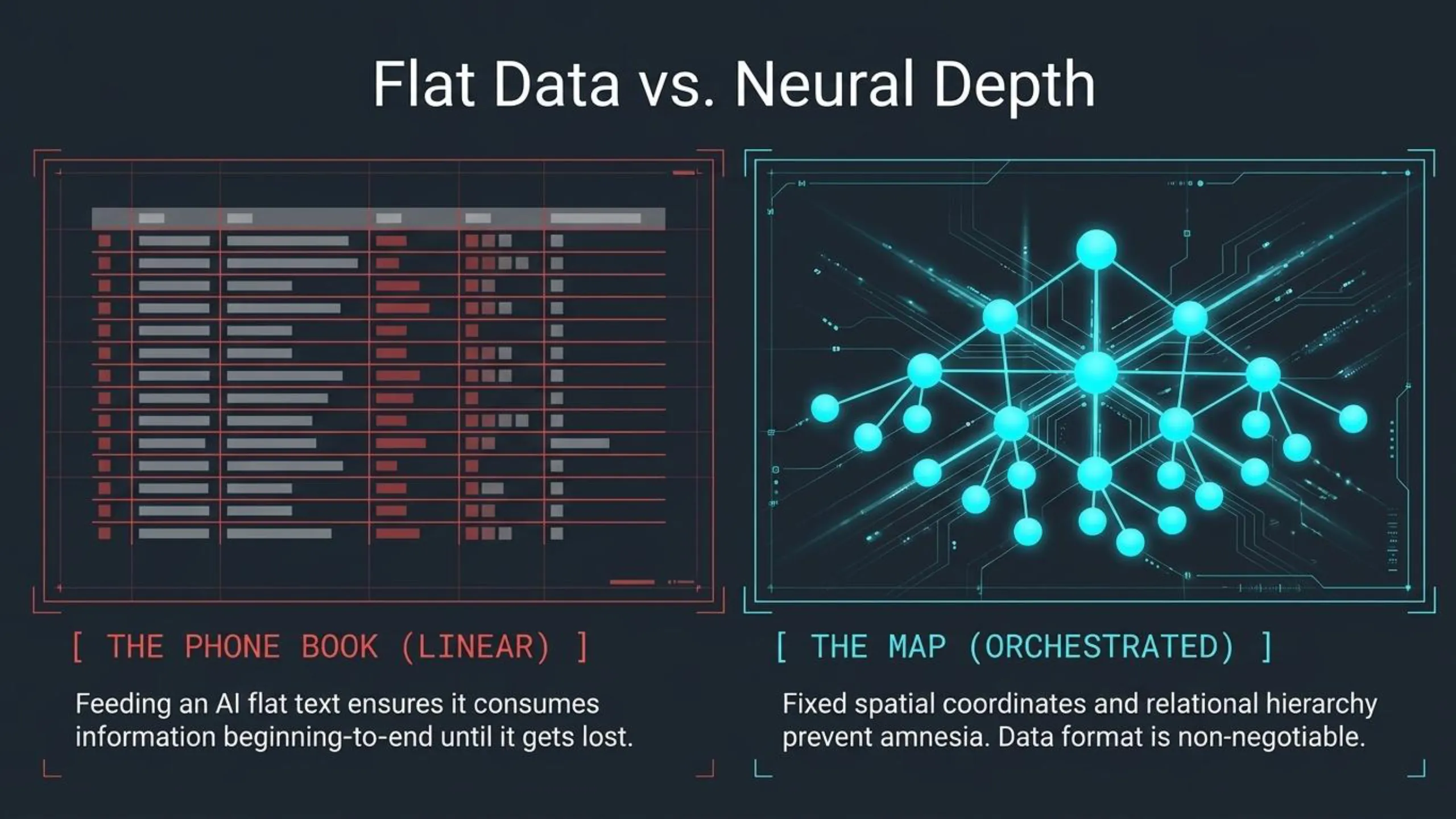 Comparison of Flat Data vs. Neural Depth. Left panel, labeled 'THE PHONE BOOK (LINEAR)', displays a linear spreadsheet with rows of data bars, illustrating how 'Feeding an AI flat text ensures it consumes information beginning-to-end until it gets lost.' Right panel, labeled 'THE MAP (ORCHESTRATED)', depicts a complex, interconnected neural network or knowledge graph with glowing blue nodes, stating that 'Fixed spatial coordinates and relational hierarchy prevent amnesia. Data format is non-negotiable.'