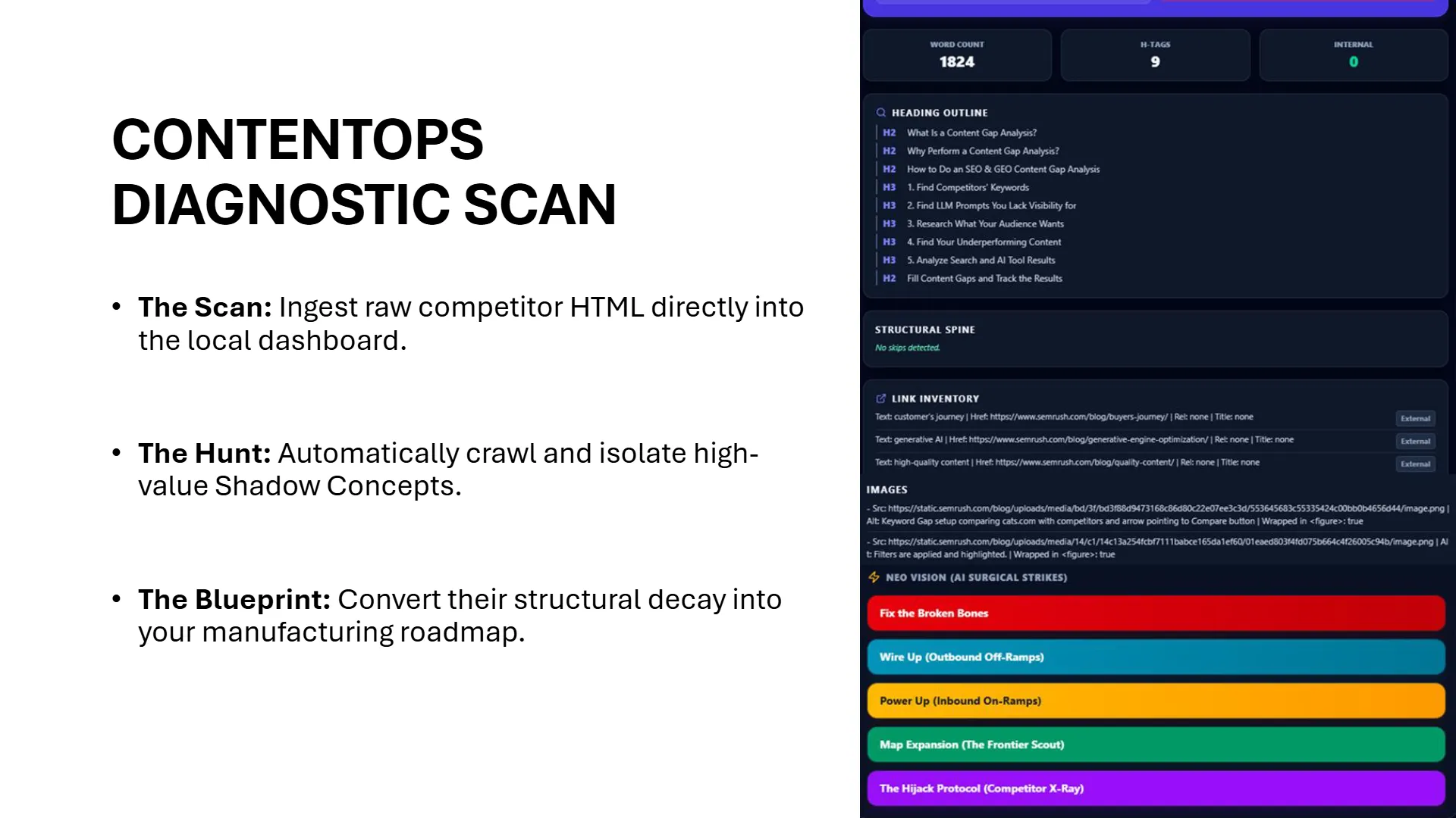 Unlock Unrivaled Authority with Advanced Competitor Gap Analysis By leveraging ContentOps' decoupled observer pipeline, you're not just identifying gaps; you're building an architecture for continuous competitive advantage. Expose Entity Gaps: Utilize the Audit Suite and Topical Maps to pinpoint precise entity weaknesses in your competitors' profiles. Hijack Citation Authority: Strategically cross-wire map expansions with adversary hijacks to capture valuable citation authority. Dominate Your Niche: Transform your competitor gap analysis from a reactive task into a proactive, entity-driven strategy for sustained growth.
