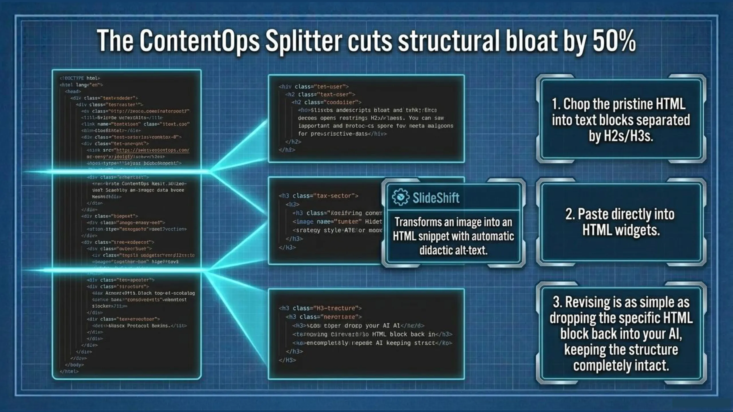 Diagram titled 'The ContentOps Splitter cuts structural bloat by 50%' illustrating a three-step process for HTML optimization. A full HTML document code block on the left, including DOCTYPE, head, and body with various div classes, is shown splitting into three smaller, distinct HTML snippets on the right. The top snippet contains H2 tags, the middle an H3 with an image tag, and the bottom an H3 with text. A central 'SlideShift' icon describes its function: 'Transforms an image into an HTML snippet with automatic didactic alt-text.' The three numbered steps detail the process: 1. 'Chop the pristine HTML into text blocks separated by H2s/H3s.' 2. 'Paste directly into HTML widgets.' 3. 'Revising is as simple as dropping the specific HTML block back into your AI, keeping the structure completely intact.'