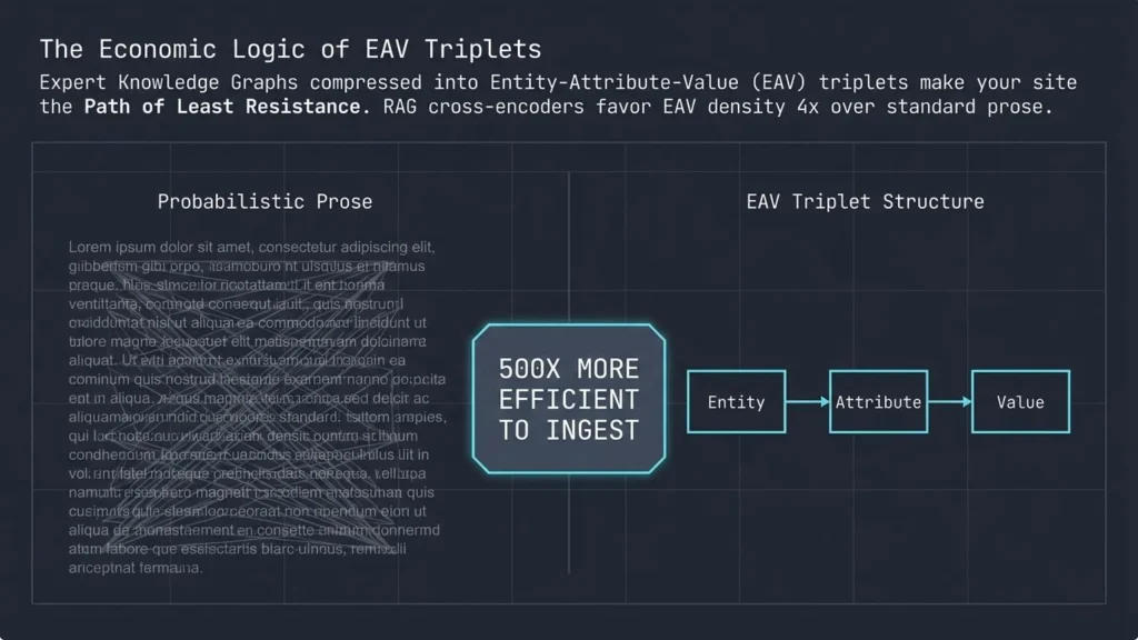 "Slide titled 'The Economic Logic of EAV Triplets' comparing 'Probabilistic Prose' (represented by lorem ipsum text block) with 'EAV Triplet Structure' (a flowchart showing Entity -> Attribute -> Value). A central callout box highlights '500X MORE EFFICIENT TO INGEST' for EAV triplets. The slide text explains that Expert Knowledge Graphs using EAV triplets create the 'Path of Least Resistance' for RAG, with cross-encoders favoring EAV density 4x over standard prose."