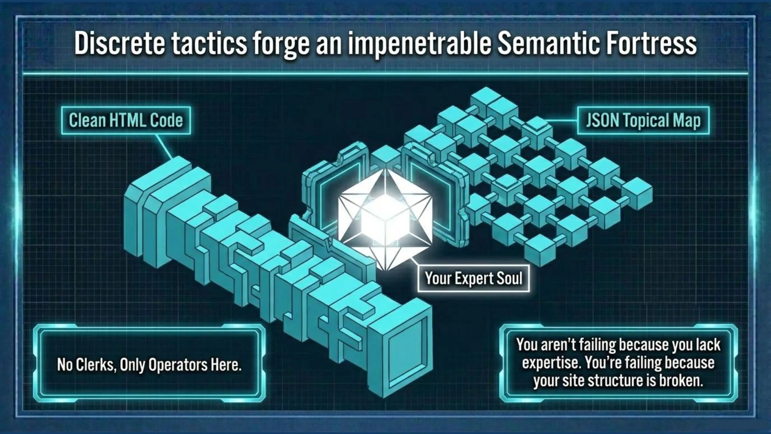 Diagram titled 'Discrete tactics forge an impenetrable Semantic Fortress'. A central glowing geometric shape labeled 'Your Expert Soul' is connected to a segmented block structure labeled 'Clean HTML Code' on the left and an interconnected cube grid labeled 'JSON Topical Map' on the right. Additional text boxes read: 'No Clerks, Only Operators Here.' and 'You aren't failing because you lack expertise. You're failing because your site structure is broken.'