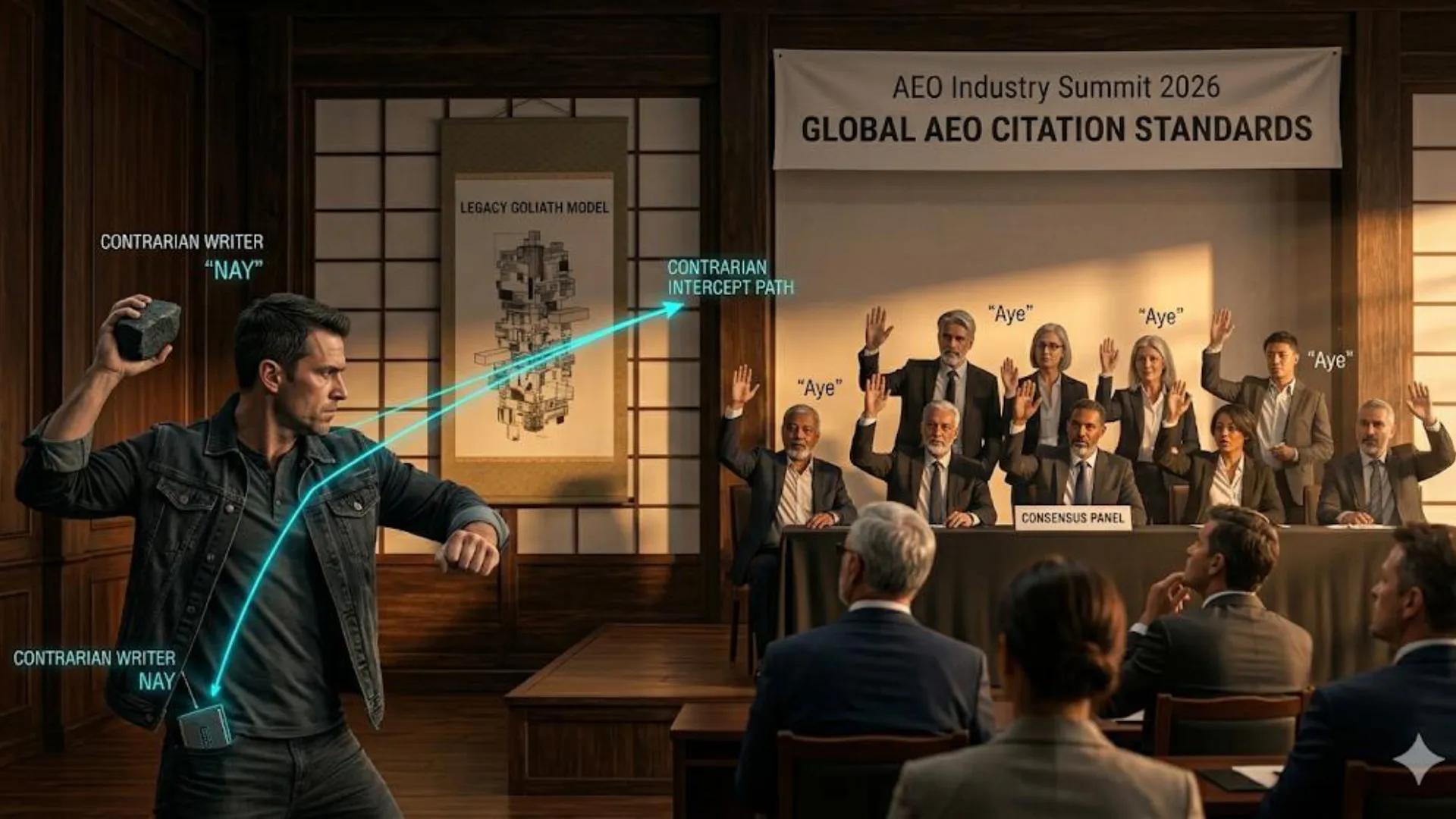 A man labeled 'CONTRARIAN WRITER "NAY"' is poised to throw a rock. A glowing blue 'CONTRARIAN INTERCEPT PATH' extends from a device in his pocket, through the rock, towards a 'LEGACY GOLIATH MODEL' diagram on a scroll. To the right, a 'CONSENSUS PANEL' of ten professionals (five men, five women) sits at a table, with eight raising hands marked 'Aye.' A banner above reads 'AEO Industry Summit 2026: GLOBAL AEO CITATION STANDARDS.