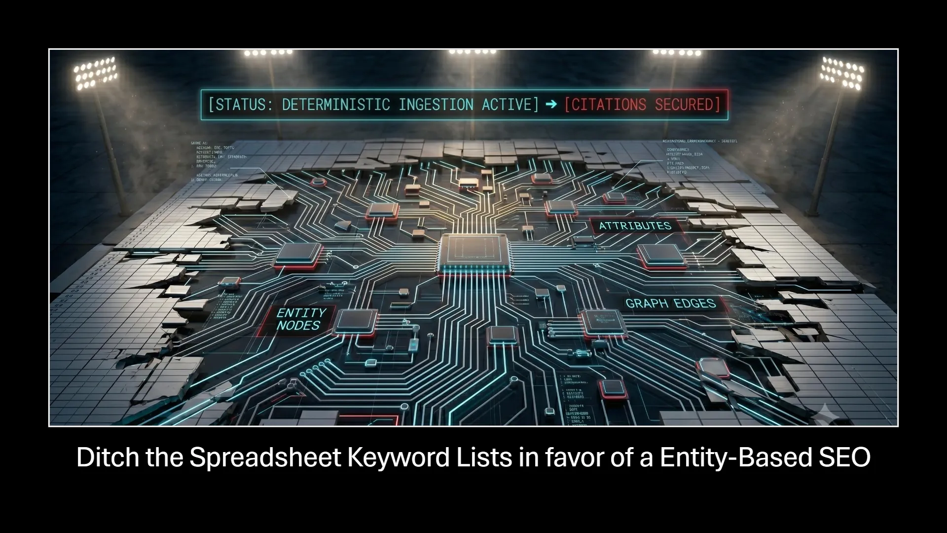 High-tech visual of a glowing circuit board representing a knowledge graph architecture. A central processor connects via illuminated pathways to labeled components: 'ENTITY NODES', 'ATTRIBUTES', and 'GRAPH EDGES'. A top status bar displays '[STATUS: DETERMINISTIC INGESTION ACTIVE] -> [CITATIONS SECURED]'. The overlay text at the bottom reads: 'Ditch the Spreadsheet Keyword Lists in favor of a Entity-Based SEO'.