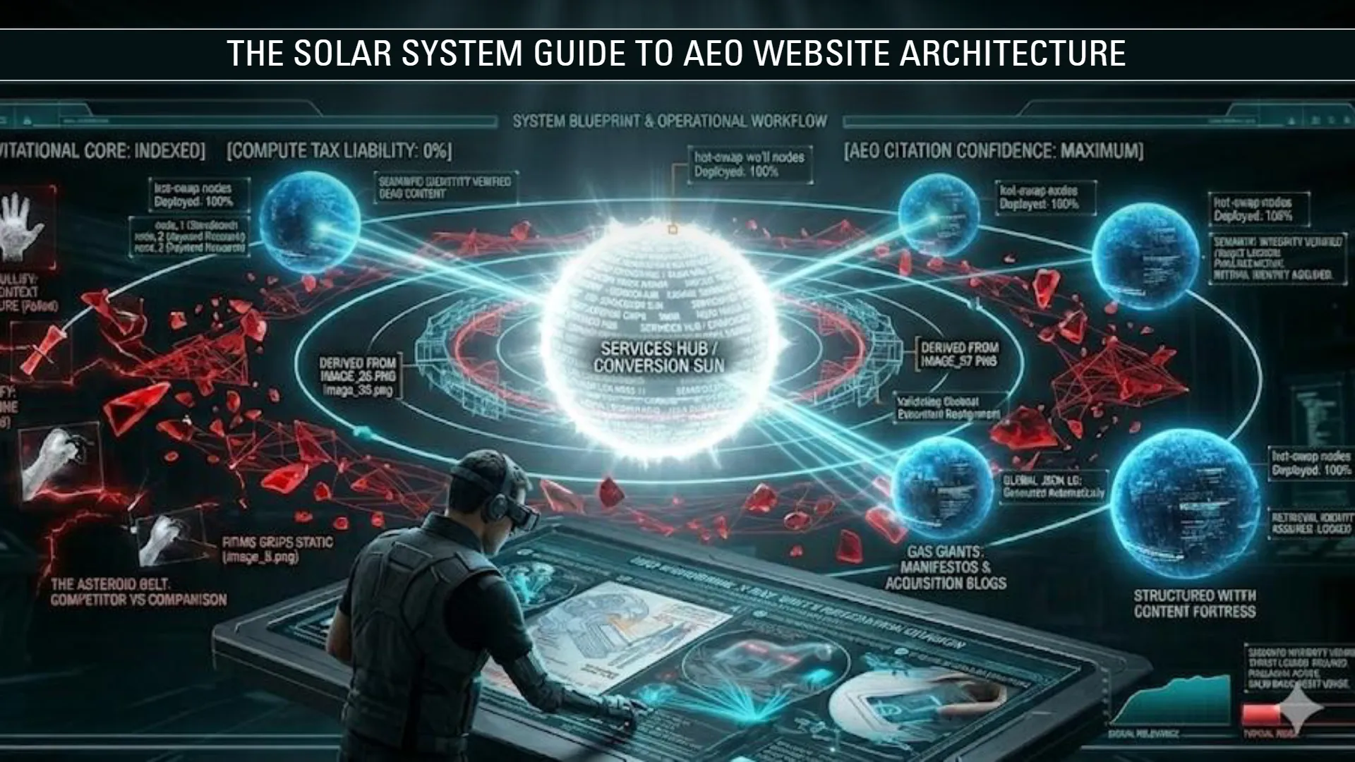 Holographic diagram titled 'THE SOLAR SYSTEM GUIDE TO AEO WEBSITE ARCHITECTURE' showing a 'SYSTEM BLUEPRINT & OPERATIONAL WORKFLOW' with 'AEO CITATION CONFIDENCE: MAXIMUM'. A central glowing sphere, the 'SERVICES HUB / CONVERSION SUN' (representing product and service pages), is orbited by multiple smaller blue spheres (planets) and a red 'THE ASTEROID BELT: COMPETITOR VS COMPARISON'. The planets are labeled with functions like 'GAS GIANTS: MANIFESTOS & ACQUISITION BLOGS', 'STRUCTURED WITH CONTENT FORTRESS', and 'SEMANTIC INTEGRITY VERIFIED DEAD CONTENT'. The system includes a 'GRAVITATIONAL CORE: INDEXED' and displays 'COMPUTE TAX LIABILITY: 0%'. A person wearing a VR headset interacts with a holographic control panel in the foreground, managing the website architecture.