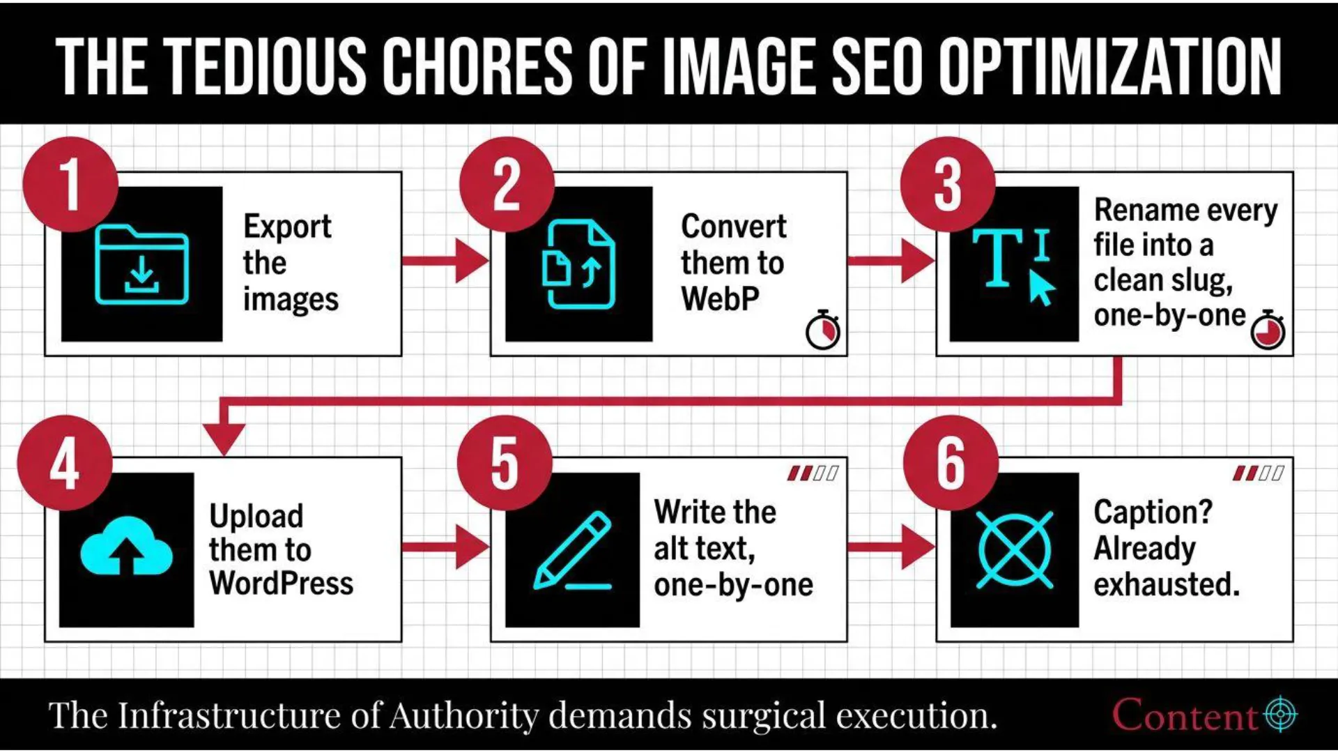 Didactic Alt-Text: Flowchart illustrating the 6 tedious, manual stages of traditional image SEO optimization—including manual exports, raw format WebP conversions, file renaming, WordPress media library uploading, manual alt-text writing, and caption fatigue.