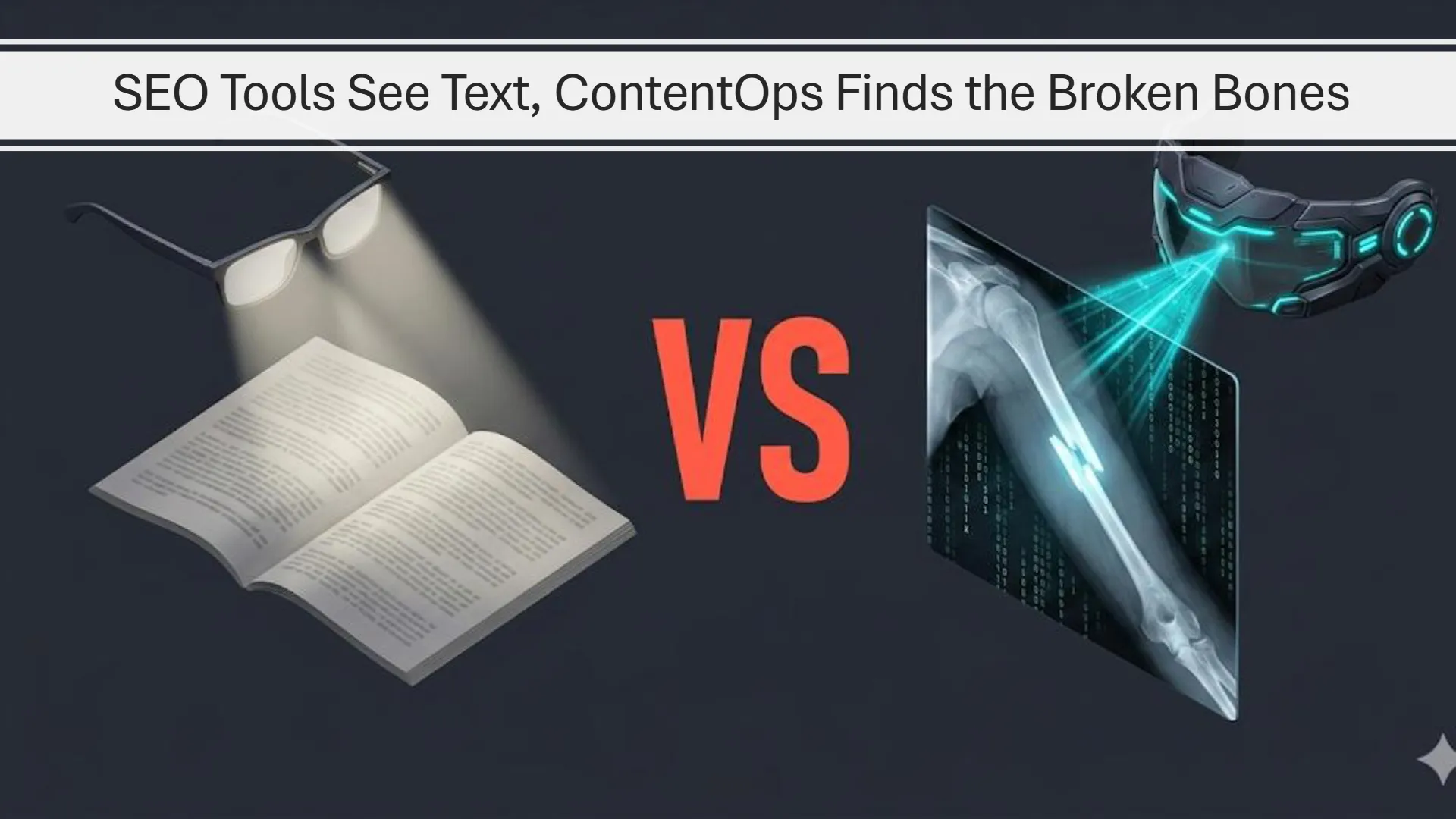 Surgical alt text: High-contrast diagram explaining the difference between standard text check constraints (magnifying glass) and our Surgical HTML Auditor which exposes hidden broken bones on raw code frames (X-ray bone scanner).