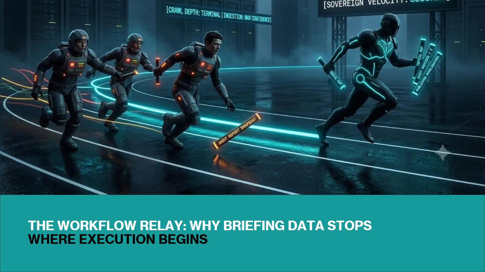 A futuristic digital relay race scene illustrating a content operations workflow. Three runners in dark, orange-accented suits are in the background, one dropping an orange glowing baton labeled 'AUDIT REPORT SNAPSHOT.' A fourth runner, in a blue-glowing suit, is in the lead, carrying multiple blue glowing data blocks labeled 'TOPICAL MAP,' 'AUDIT QUESTIONS 7-8,' and 'PUBLISHING ACCELERATORS.' The background features server racks and glowing text displays showing '[CRAWL DEPTH: TERMINAL | INGESTION: MAX CONFIDENCE]' and '[SOVEREIGN VELOCITY: SECURE]'. A teal banner at the bottom displays the title: 'THE WORKFLOW RELAY: WHY BRIEFING DATA STOPS WHERE EXECUTION BEGINS.'