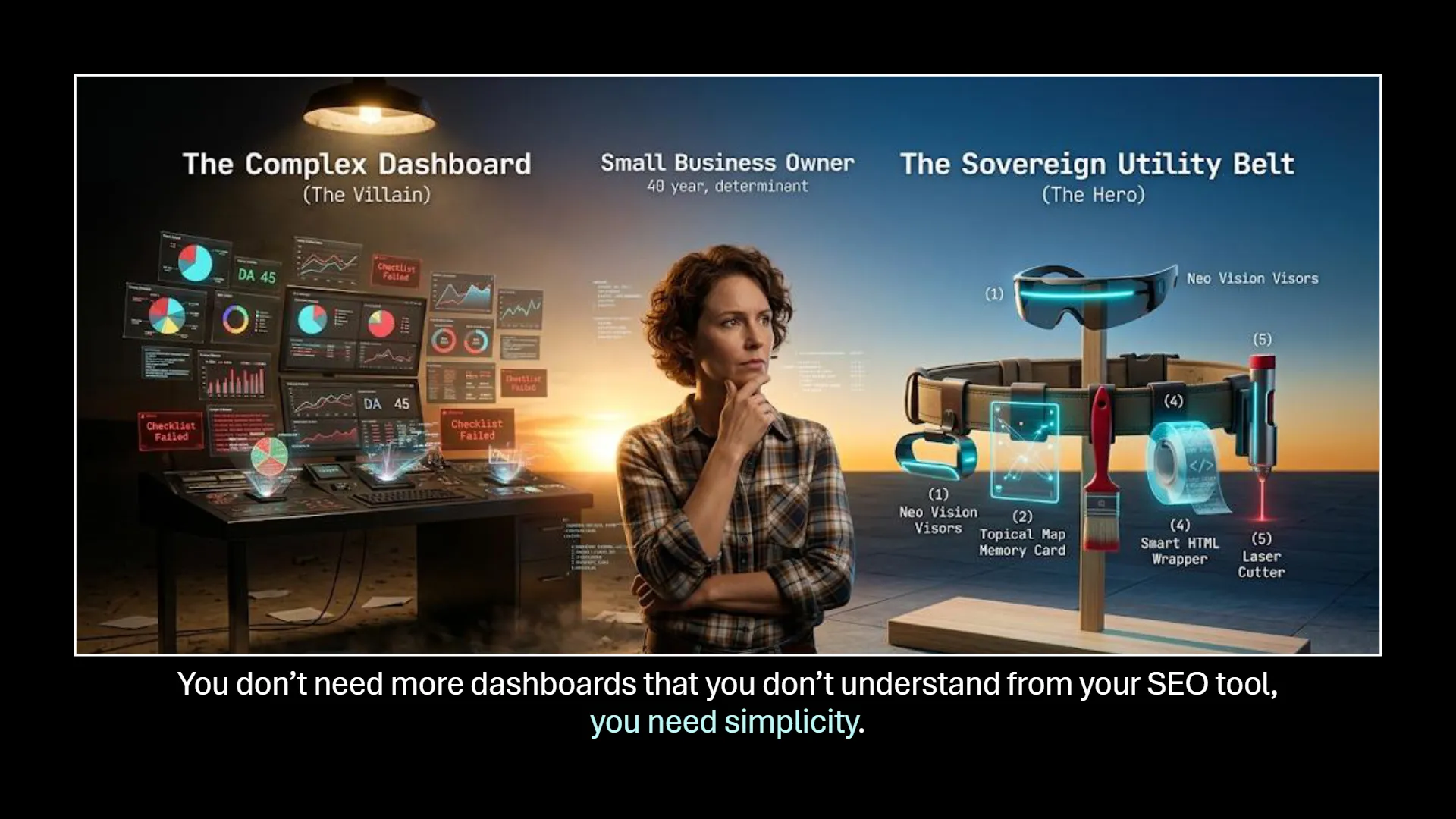 Didactic Alt-Text: A high-contrast presentation slide showing a small business owner standing between a cluttered, complex legacy SEO dashboard labeled 'The Villain' and a sleek, high-tech toolkit labeled 'The Sovereign Utility Belt' containing Neo Vision Visors, a Topical Map Memory Card, and a Smart HTML Wrapper.