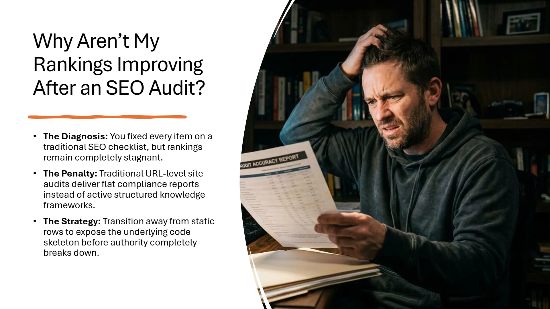 Slide titled 'Why Aren't My Rankings Improving After an SEO Audit?' with three bullet points: 'The Diagnosis: You fixed every item on a traditional SEO checklist, but rankings remain completely stagnant.', 'The Penalty: Traditional URL-level site audits deliver flat compliance reports instead of active structured knowledge frameworks.', and 'The Strategy: Transition away from static rows to expose the underlying code skeleton before authority completely breaks down.' On the right, a frustrated man holds an 'AUDIT ACCURACY REPORT' document, reflecting the problem of stagnant rankings despite audit efforts.