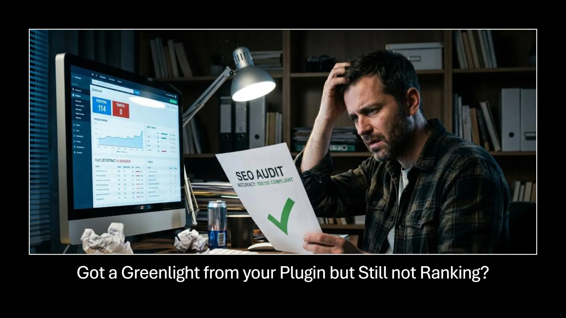 A distressed man holds an 'SEO AUDIT' document displaying 'ACCURACY: 100/100 COMPLIANT' with a prominent green checkmark, while his computer monitor shows an SEO dashboard with 'POSITION 114' and 'TRAFFIC 0', visually representing the disconnect between checklist compliance and actual search performance.
