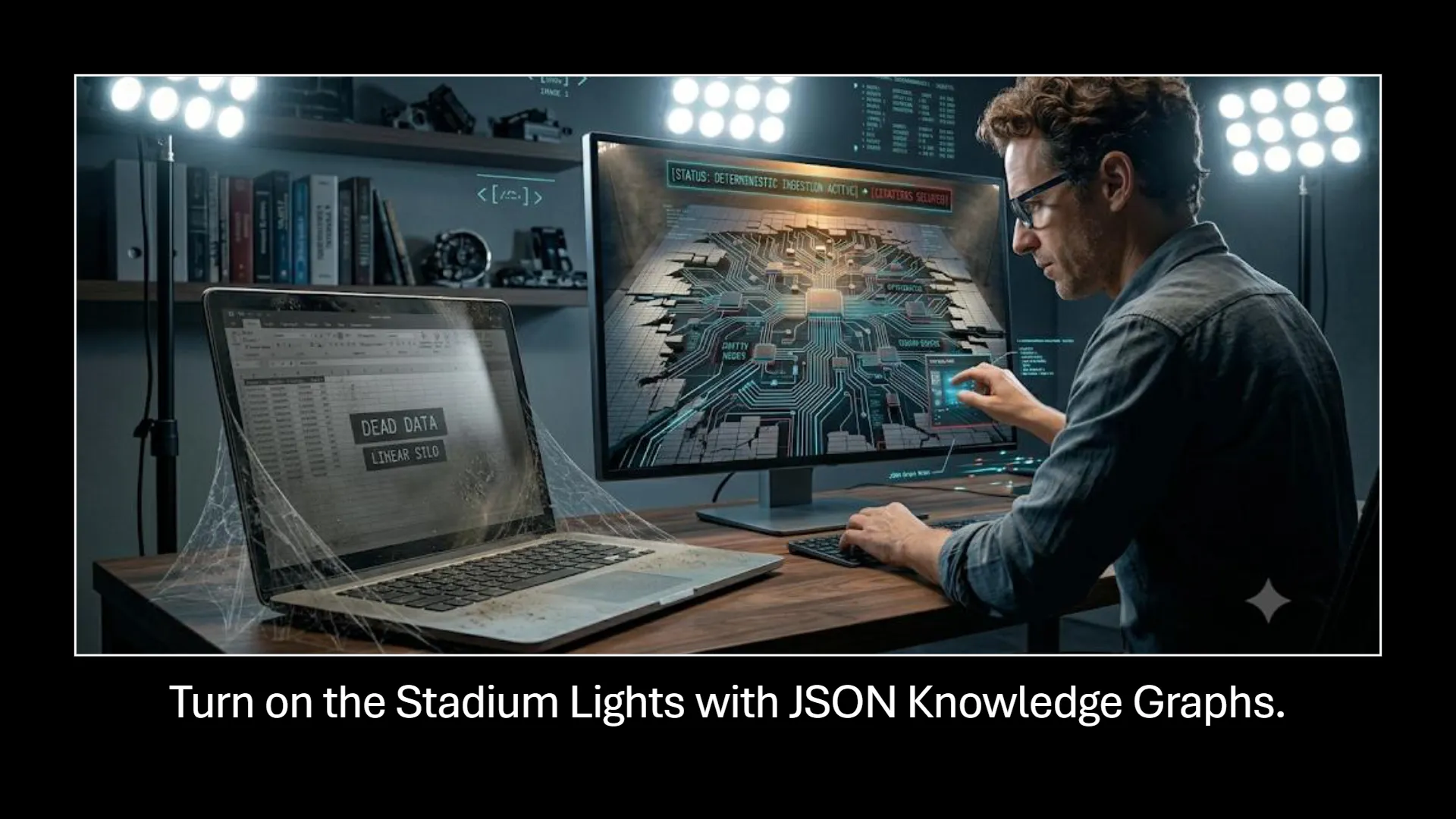 A stark visual contrast showing a dusty, cobweb-covered laptop displaying a spreadsheet with 'DEAD DATA' and 'LINEAR SILO' text, juxtaposed with a modern monitor where a man actively interacts with a vibrant, glowing circuit board-like knowledge graph. The monitor displays 'STATUS: DETERMINISTIC INGESTION ACTIVE' and 'CRATERS SECURED', symbolizing the transition from static, siloed data to dynamic, interconnected entity-based SEO architecture powered by JSON knowledge graphs.