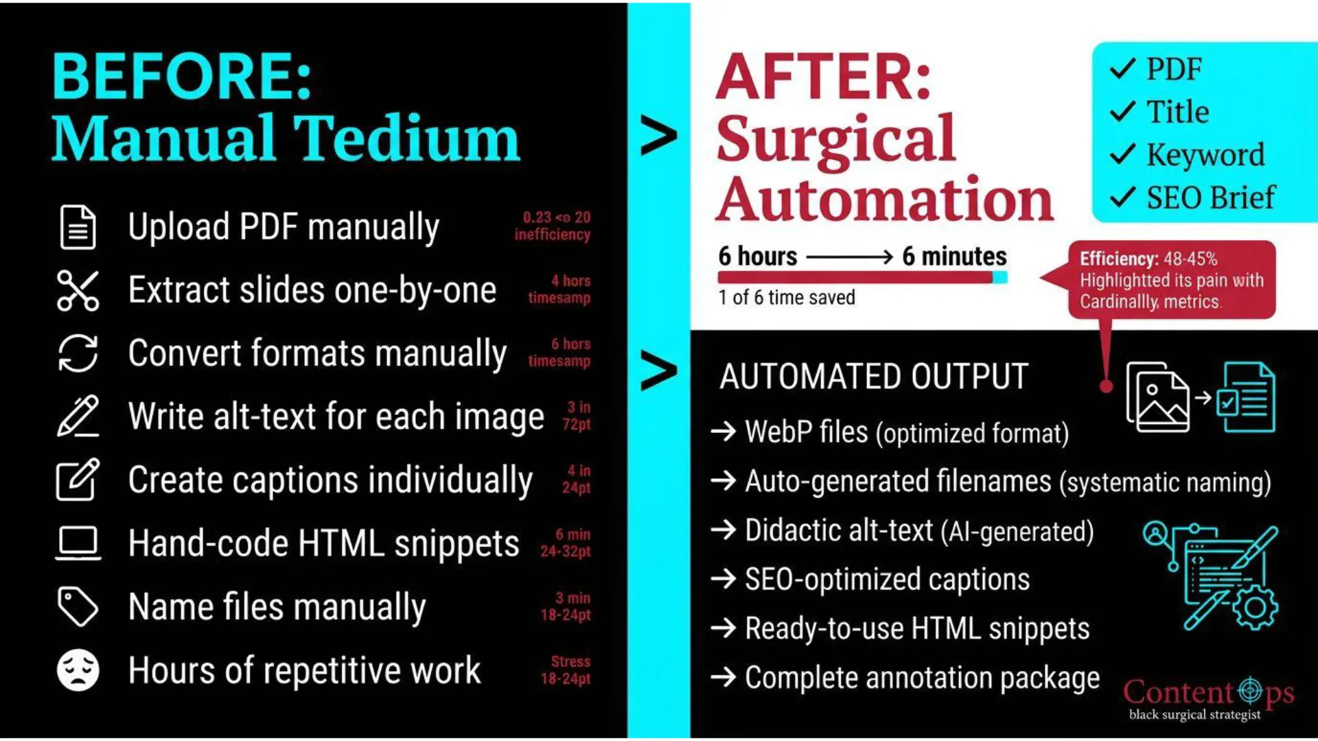 Didactic Alt-Text: Comparison chart detailing the operational delta between Manual Tedium—which takes up to 6 hours for manual file conversion, slug naming, and tag writing—and Surgical Automation, which compiles lightweight WebP files, auto-generates descriptive filenames, writes didactic alt-text, and outputs ready-to-use HTML snippets in 6 minutes.