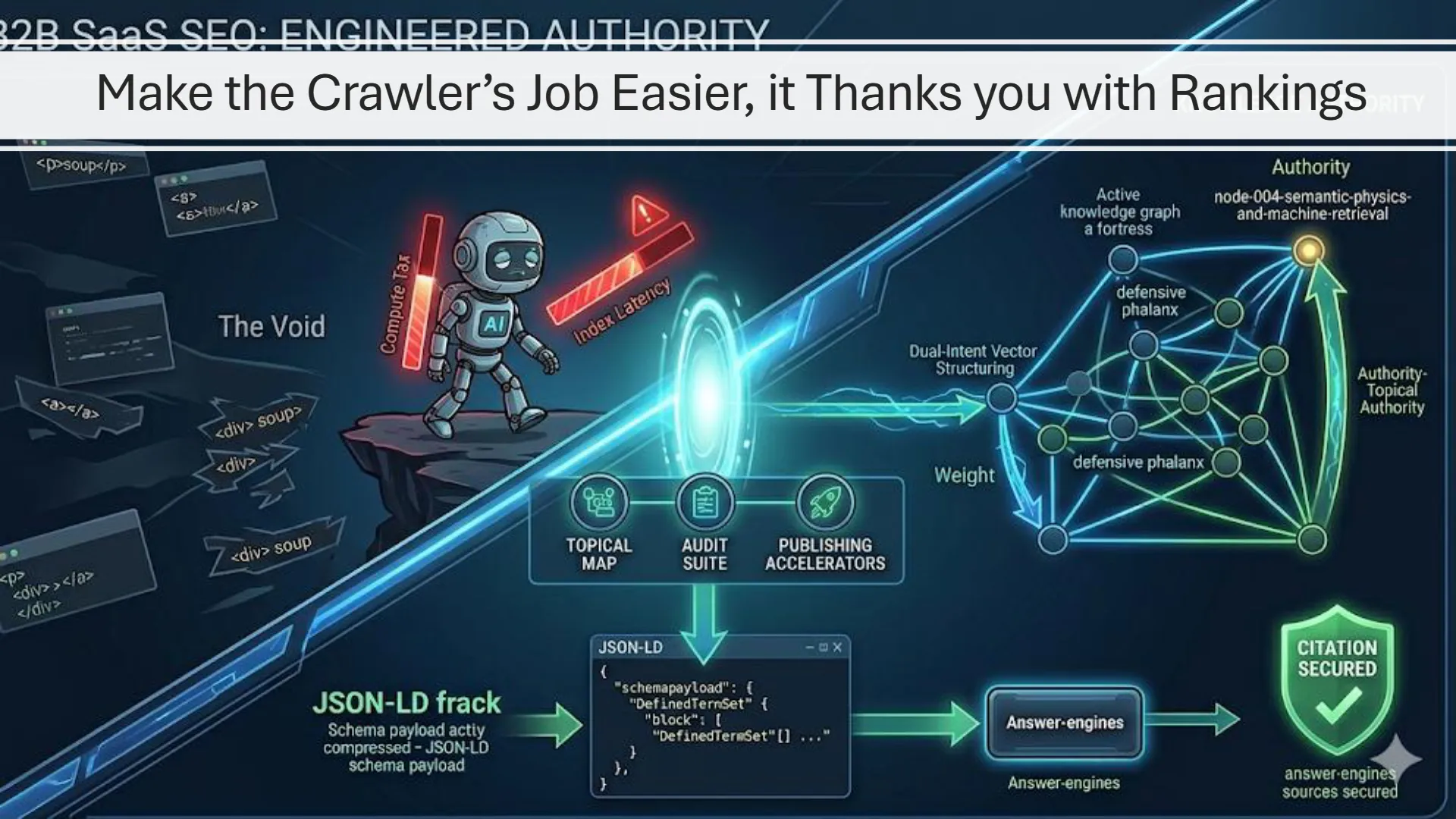 Surgical alt text: High-definition blueprint explaining the structural mechanics of engineered authority. Visualizes the AI robot paying the Compute Tax and suffering Index Latency in the Void, contrasted against a clean, unified knowledge graph fortress with a defensive phalanx securing direct citations from Answer Engines.