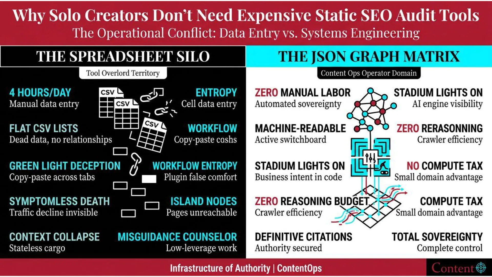 slide-02 Comparative diagram contrasting 'The Spreadsheet Sil' and 'The JSON Graph Matrix'