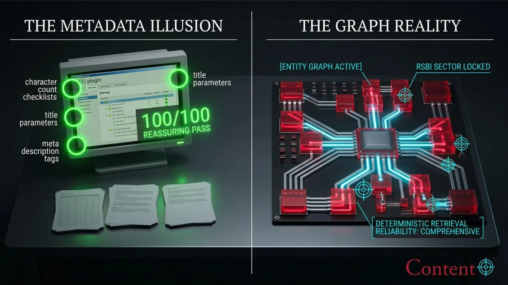 A split image contrasting 'The Metadata Illusion' on the left with 'The Graph Reality' on the right. The left side displays an old computer monitor showing an SEO plugin with a '100/100 REASSURING PASS' based on 'character count checklists', 'title parameters', and 'meta description tags', with three stacks of glowing green paper below it. The right side depicts a complex circuit board featuring a central processor, multiple red glowing components, and bright blue connecting traces. Labels on the circuit board include '[ENTITY GRAPH ACTIVE]', 'RSBI SECTOR LOCKED', and 'DETERMINISTIC RETRIEVAL RELIABILITY: COMPREHENSIVE', along with several target symbols and a red 'Content' logo.