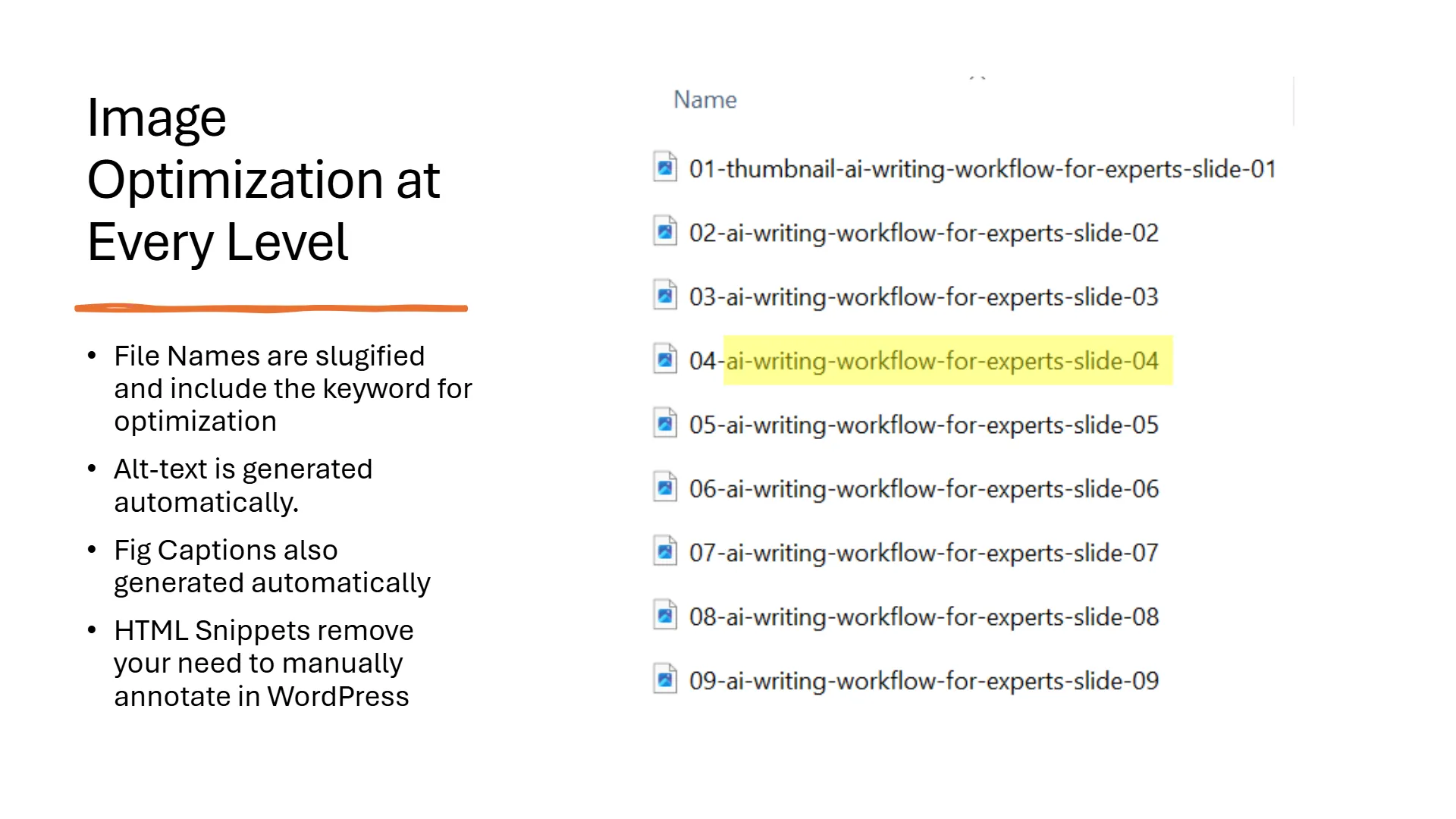 slide-03 Slide titled 'Image Optimization at Every Level' details four key points: file names are slugified with keywords for optimization, alt-text is generated automatically, figure captions are also generated automatically, and HTML snippets eliminate manual annotation in WordPress. The right side displays a file directory list showing nine image assets, with '04-ai-writing-workflow-for-experts-slide-04' highlighted in yellow, exemplifying a slugified, keyword-rich filename.