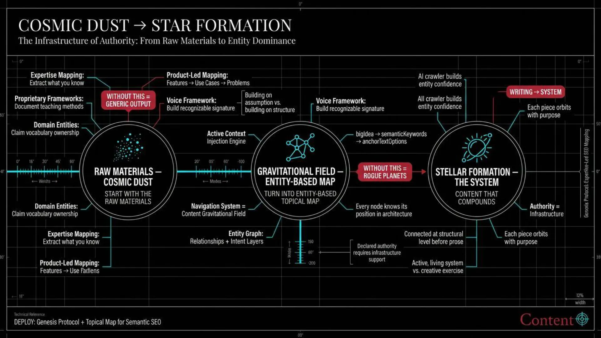 Flowchart titled 'COSMIC DUST -> STAR FORMATION: The Infrastructure of Authority'.