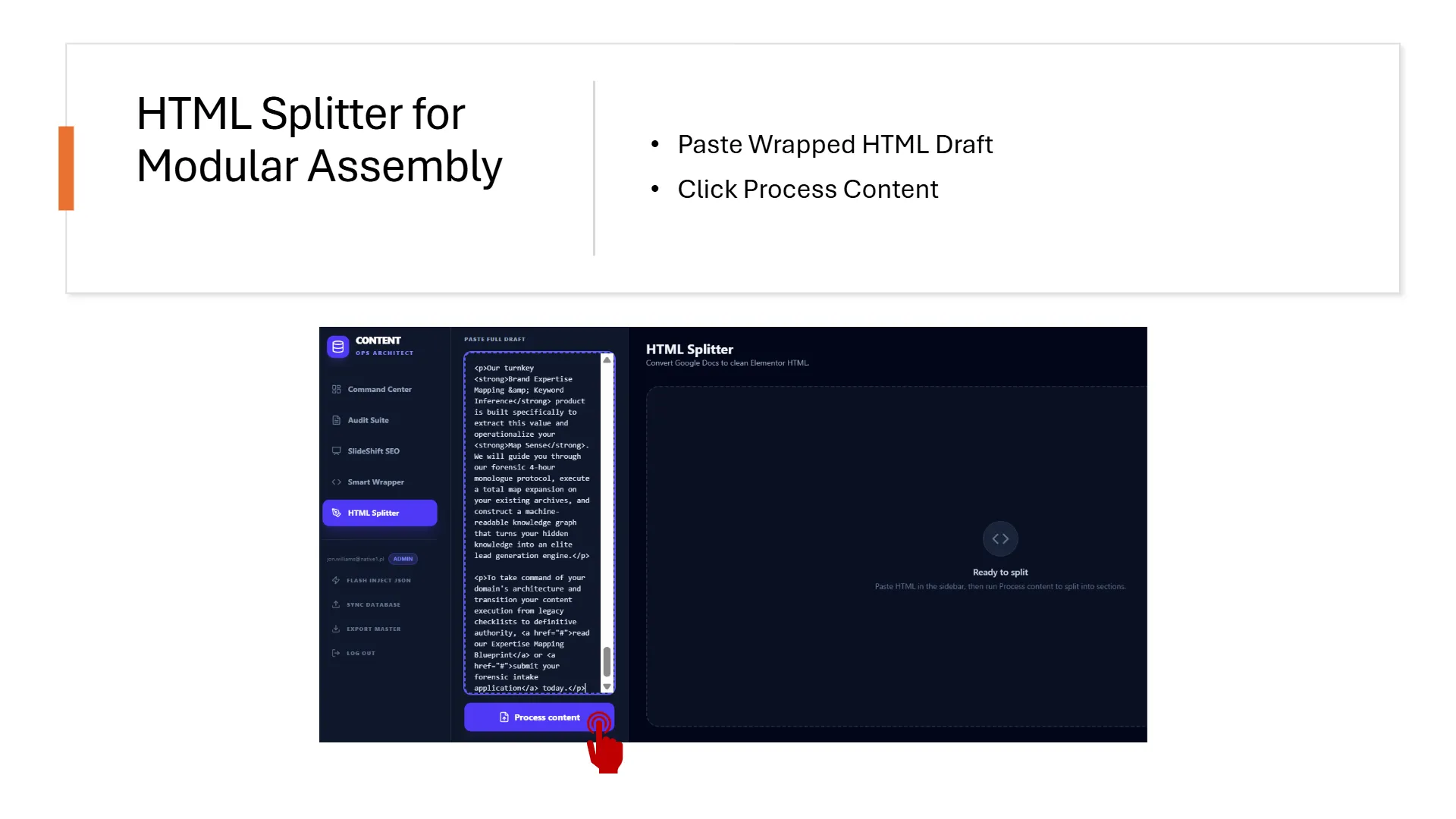 slide-03 HTML Splitter tool workflow slide titled 'Paste the HTML into HTML Splitter'. The user interface shows a single textarea input where the raw HTML code generated from previous steps is pasted. A red target cursor highlights the 'Process HTML' trigger action button. Accompanying list items clarify the sequence: '1. Copy the html code from previous steps,' and '2. Paste it into the Input field of the HTML Splitter'.