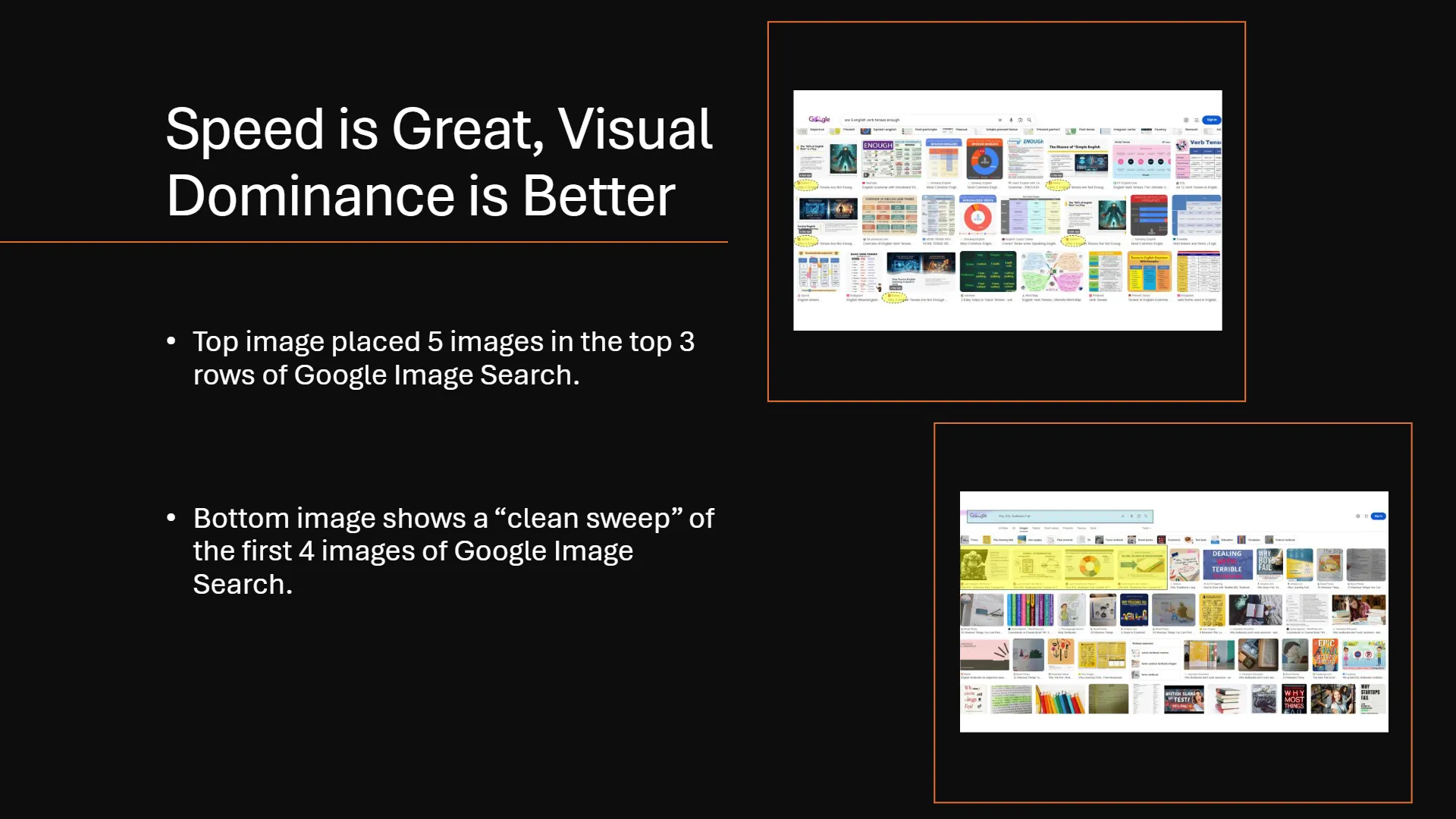 Didactic Alt-Text: Screenshot demonstrating search engine result page dominance. Displays how ContentOps-optimized didactic images rank in multiple rows of Google Image Search, resulting in a complete visual 'clean sweep' of the first 4 ranks for competitive queries.