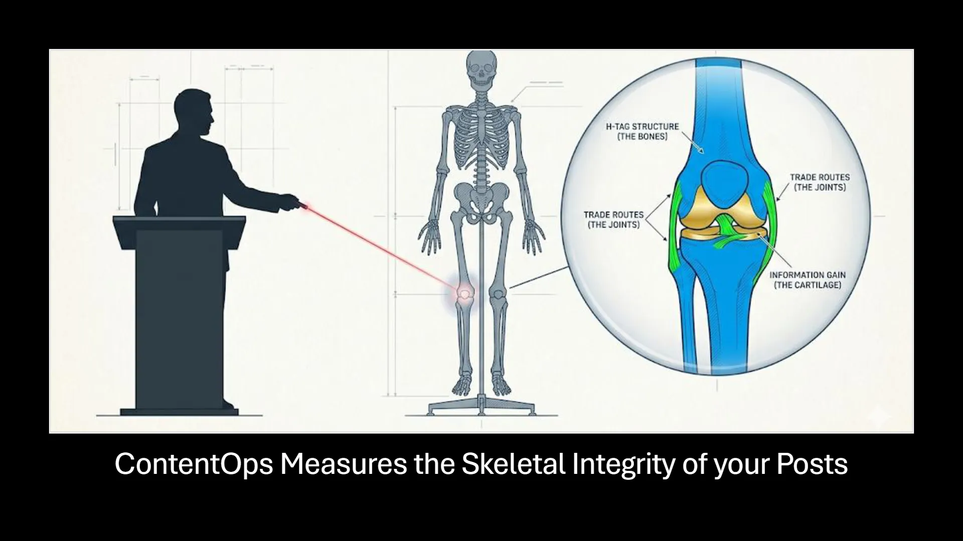 Surgical alt text: Graphical presentation illustrating how ContentOps measures the skeletal integrity of your posts. Depicts a presenter mapping out a digital skeleton, showing the header structure as bones, internal link trade routes as joints, and unique expert Information Gain as the connecting cartilage.