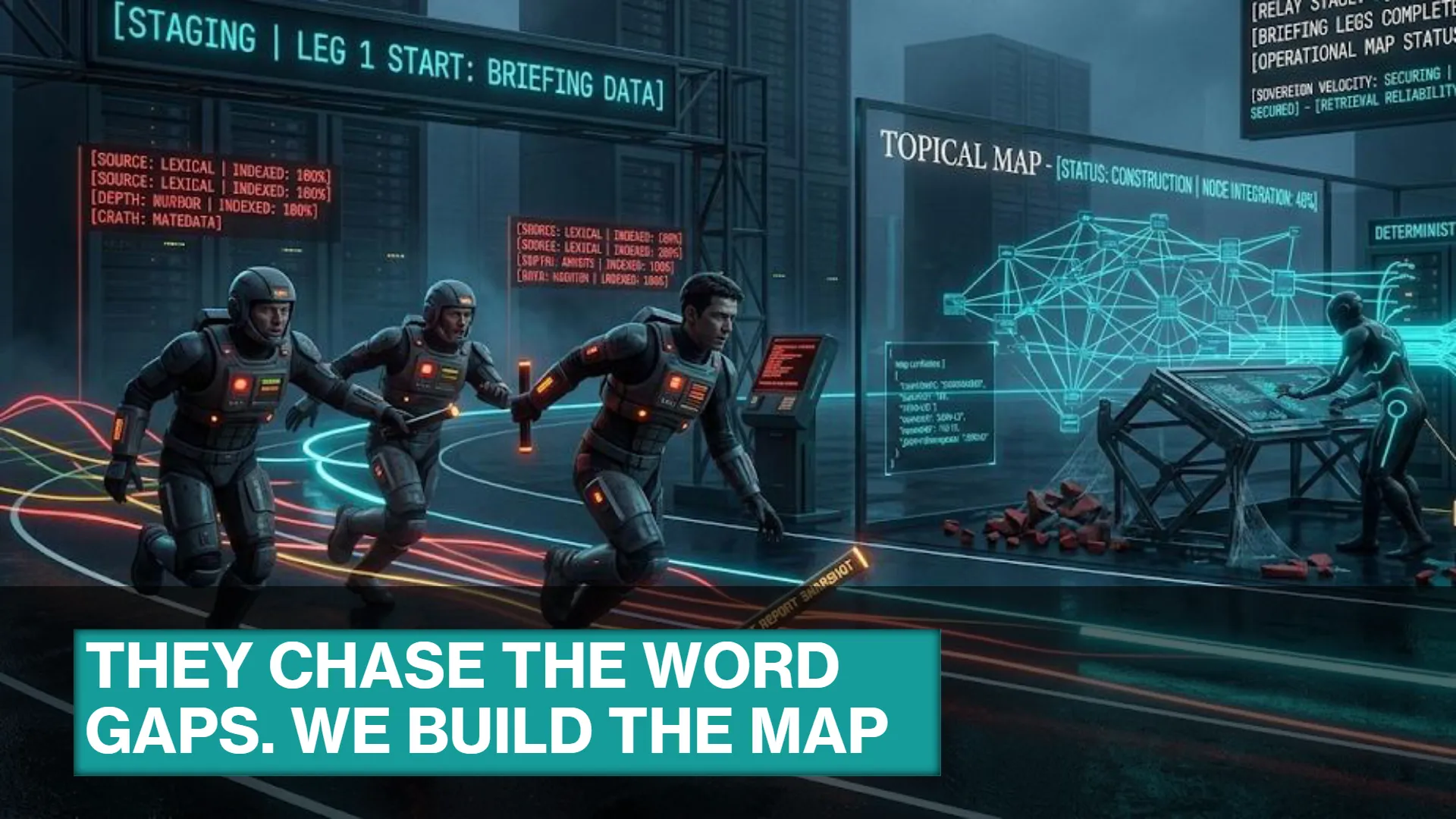 Three armored operatives run on a neon-lit track