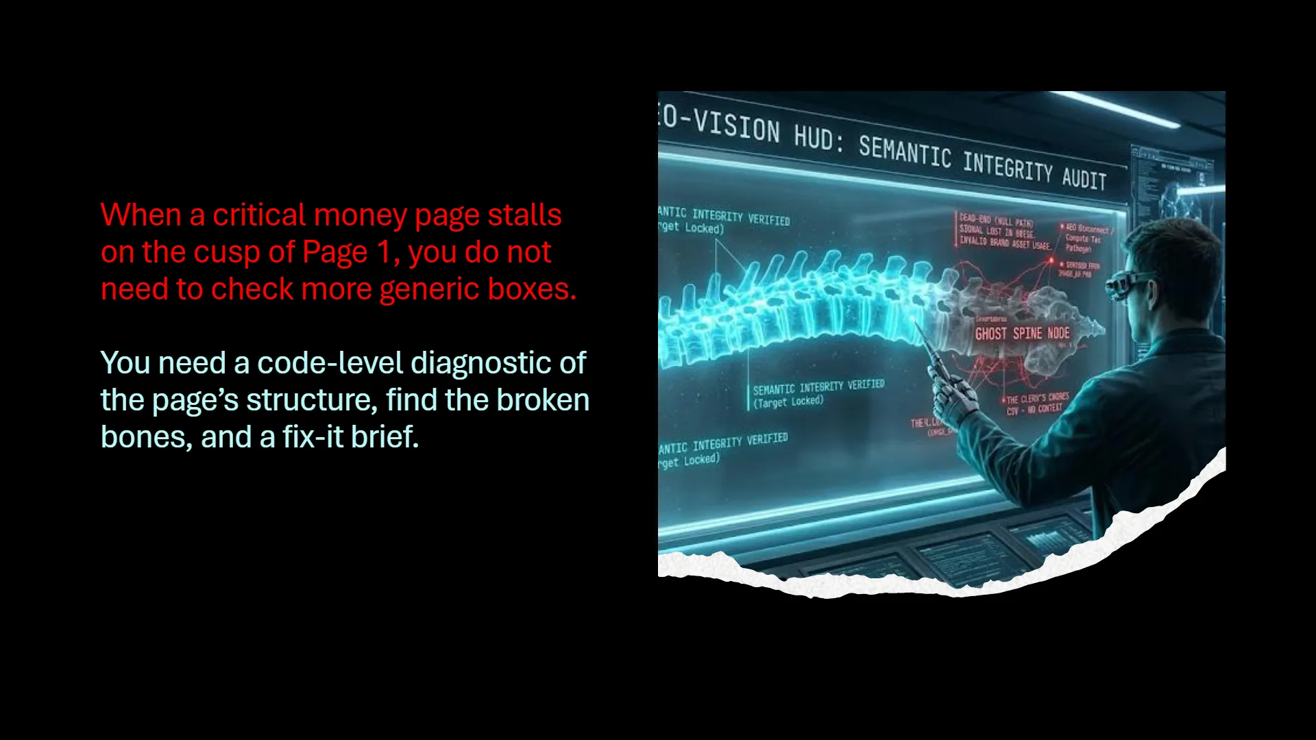 Didactic Alt-Text: Interface mock-up of an operator analyzing a glowing, 3D anatomical model of a human spine labeled 'Ghost Spine Node' on a holographic screen, indicating code-level diagnostic errors such as skipped headings and un-anchored link pathogens.