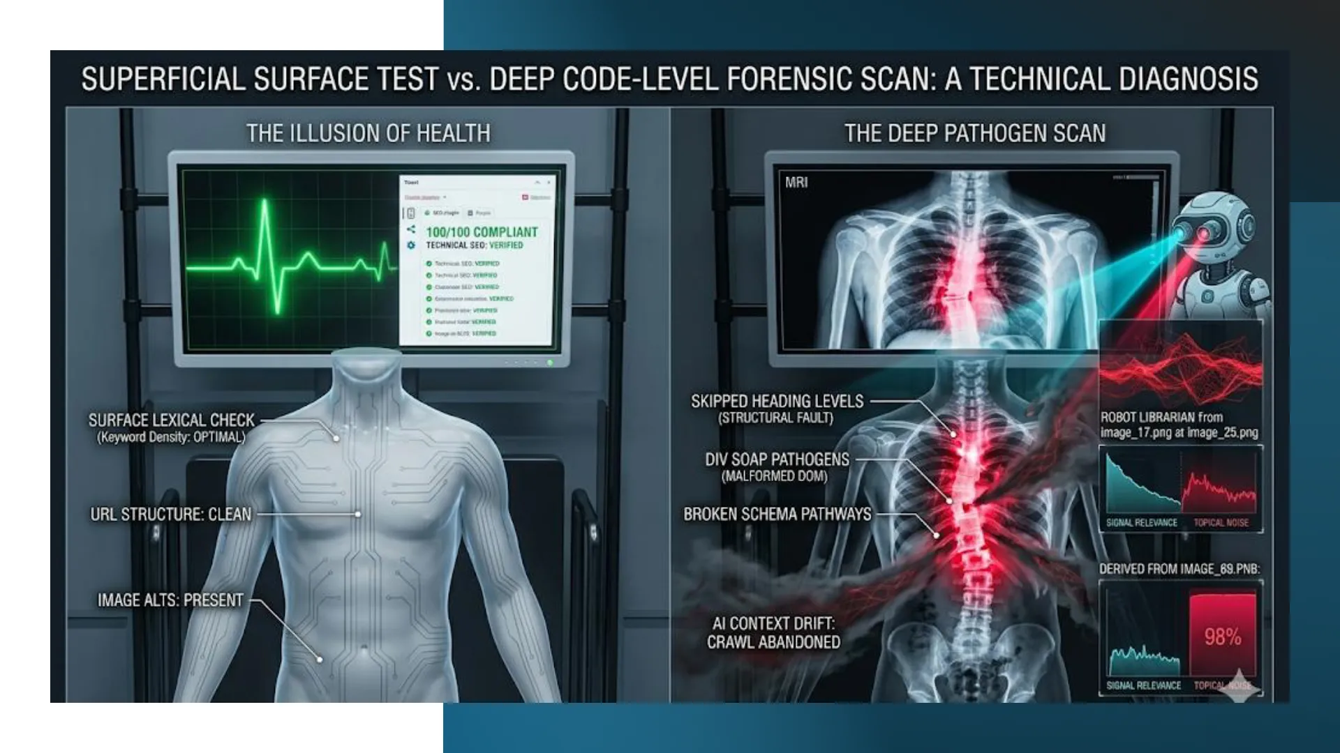 slide-03 Visual comparison of superficial SEO audit versus deep code-level forensic scan.