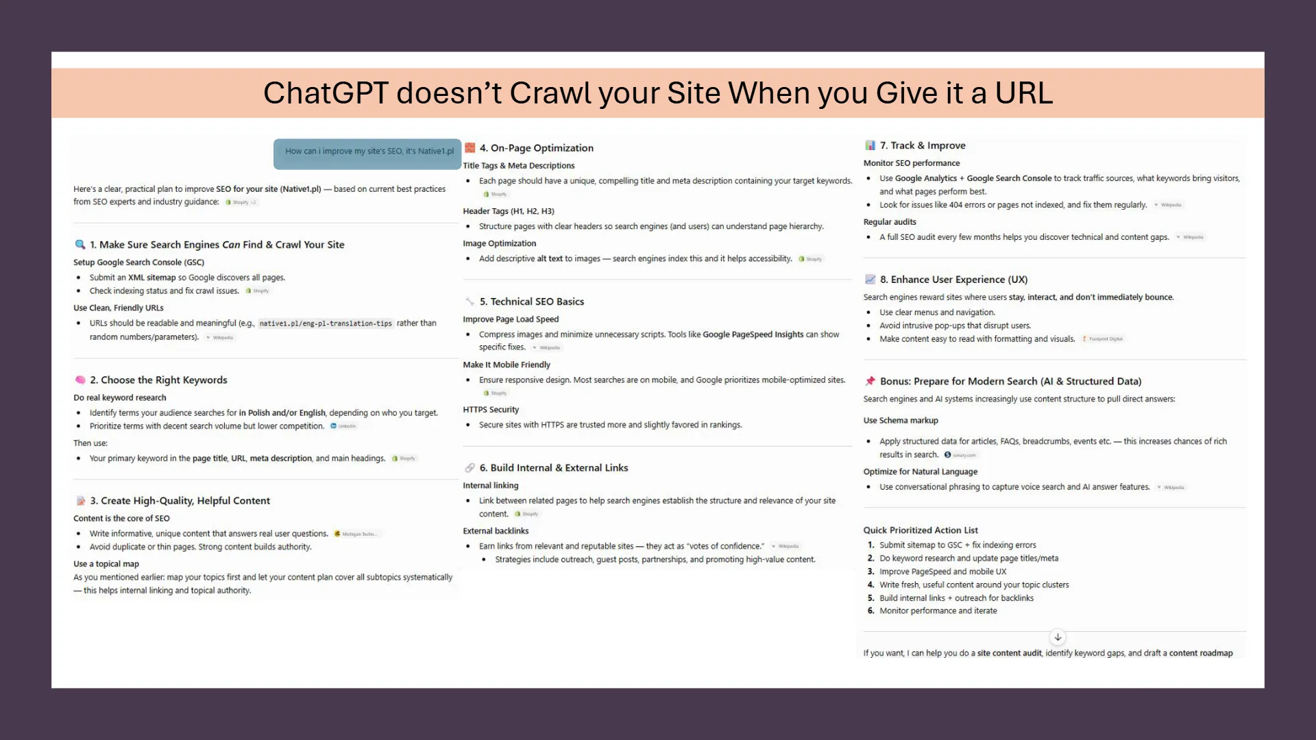 Slide titled 'ChatGPT doesn't Crawl Your Site When you Give it a URL' presenting an 8-step practical SEO improvement plan.