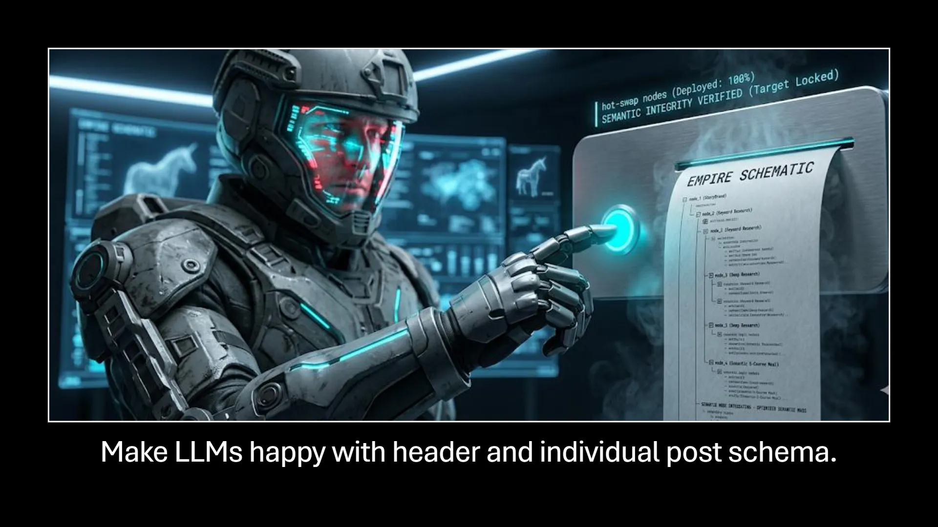 A futuristic armored figure interacts with a glowing console displaying 'hot-swap nodes (Deployed: 100%)' and 'SEMANTIC INTEGRITY VERIFIED (Target Locked)' status. A digital 'EMPIRE SCHEMATIC' shows a nested node hierarchy. The slide's overlay text states: 'Make LLMs happy with header and individual post schema.'