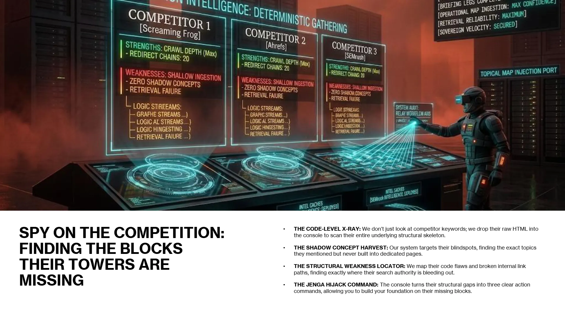 A futuristic control room with an operator analyzing holographic data