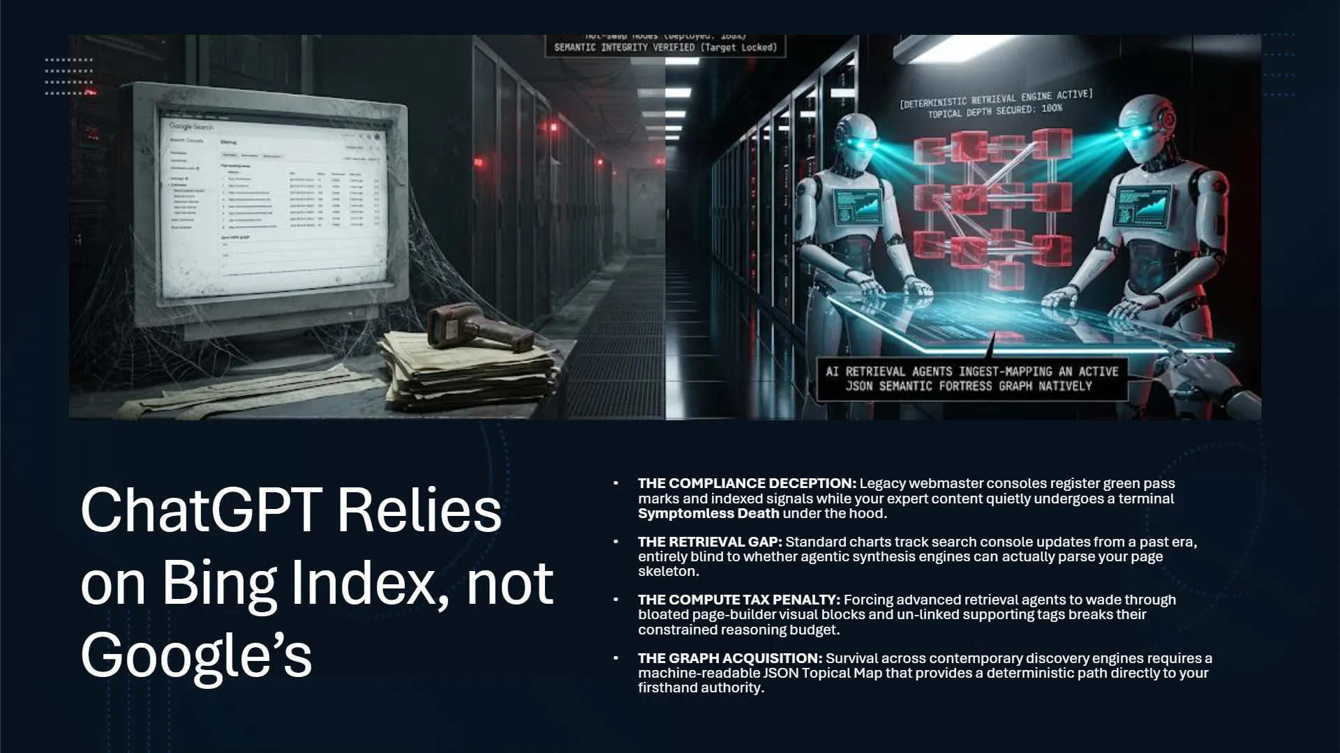 A split image contrasting outdated and modern search engine indexing. On the left, a cobweb-covered CRT monitor displays a 'Google Search' results page, surrounded by old papers and a rusty tool in a dimly lit server room with red lights, symbolizing neglected legacy SEO. On the right, two advanced humanoid robots with glowing blue eyes interact with a holographic interface displaying a complex red 3D semantic graph in a modern, blue-lit server room, with text overlays 'DETERMINISTIC RETRIEVAL ENGINE ACTIVE' and 'TOPICAL DEPTH SECURED: 100%'. The slide's main title reads 'ChatGPT Relies on Bing Index, not Google's', and bullet points detail 'The Compliance Deception,' 'The Retrieval Gap,' 'The Compute Tax Penalty,' and 'The Graph Acquisition,' emphasizing the need for machine-readable JSON Topical Maps.
